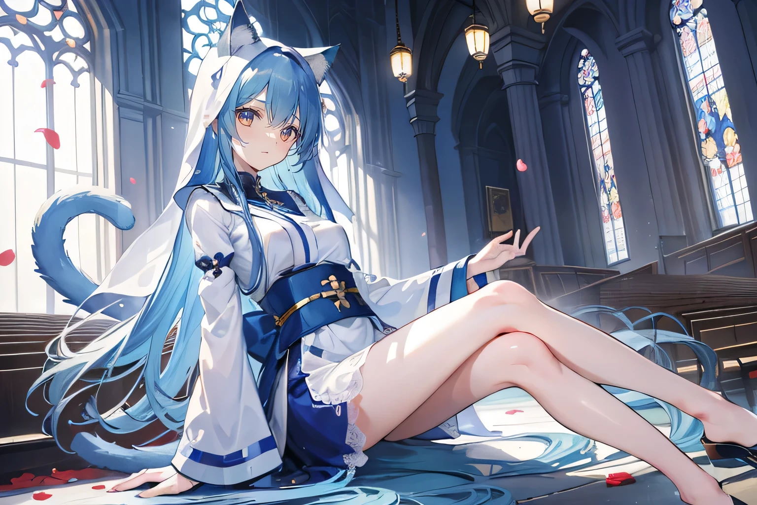 (masterpiece:1.2),Extremely detailed,Practical,expressive eyes,Fair skin,Perfect face shaping,1 Girl,
Japanese cartoons,Gorgeous blue hair, the long flowing blue hair,Floating clothes,Cat ears,Petals fall,beautiful lola,Young Angel,
Place your hands on your waist,sit elegantly on the ground,Cross your legs,Gentle and peaceful background,church,Nun's Clothes,back view,lie on the water,Large Breasts, H Cup, Good breasts, Place your hands on your waist,beautiful, Gorgeous,Japanese cartoons,girl,Lola,Hina Angel, Blue Hair, Blue Haired,Tent breasts, tent box, tent chest, Floating clothes,Grab your waist, Grab your waist, Hands on Hips , hands on hips,sit, sit on ground, Legs on the ground.