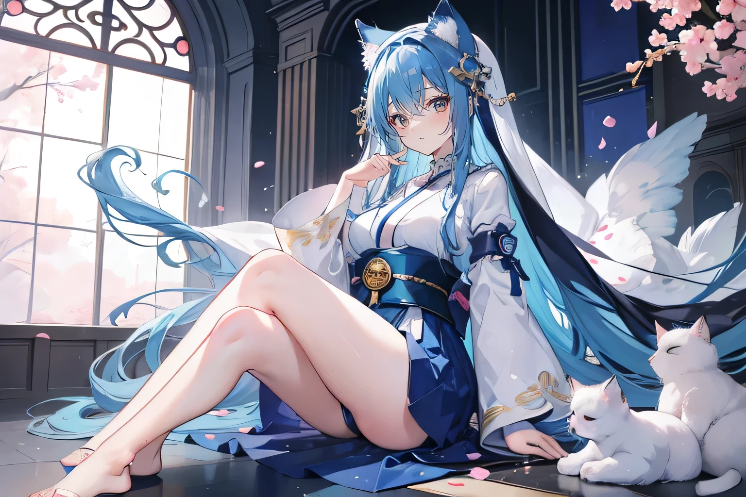 (masterpiece:1.2),Extremely detailed,Practical,expressive eyes,Fair skin,Perfect face shaping,1 Girl,
Japanese cartoons,Gorgeous blue hair, the long flowing blue hair,Floating clothes,Cat ears,Petals fall,beautiful lola,Young Angel,
Place your hands on your waist,sit elegantly on the ground,Cross your legs,Gentle and peaceful background,church,Nun&#39;s Clothes,back view,lie on the water,Large Breasts, H Cup, Good breasts, Place your hands on your waist,beautiful, Gorgeous,Japanese cartoons,girl,Lola,Hina Angel, Blue Hair, Blue Haired,Tent breasts, tent box, tent chest, Floating clothes,Grab your waist, Grab your waist, Hands on Hips , hands on hips,sit, sit on ground, Legs on the ground. 