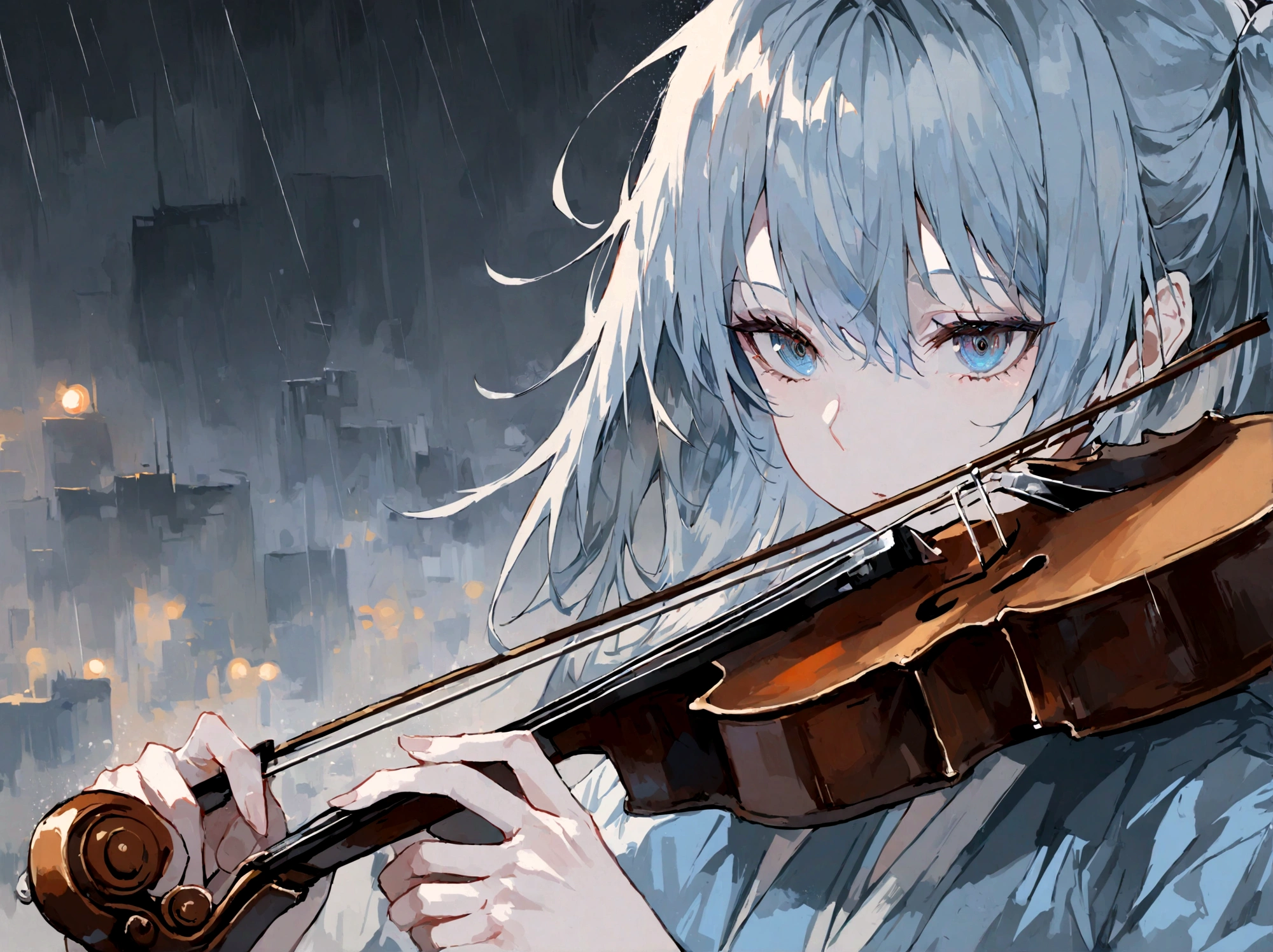 1girl, playing violin, night, city background, masterpiece, hope eyes, thinking eyes, self-hope, rain, ultra detailed, 8k, 16k, detailed eyes, blue colors, gray background, dynamic pose