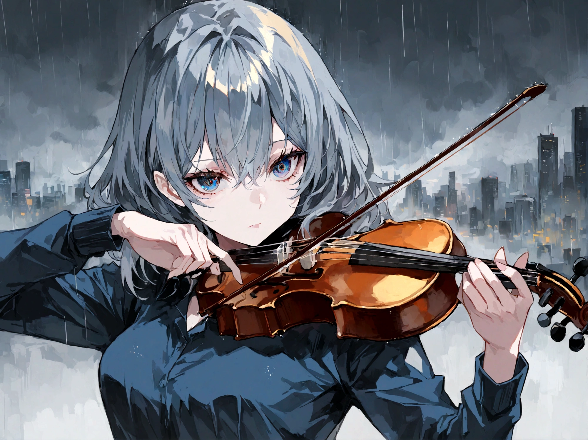 1girl, playing violin, night, city background, masterpiece, hope eyes, thinking eyes, self-hope, rain, ultra detailed, 8k, 16k, detailed eyes, blue colors, gray background, dynamic pose