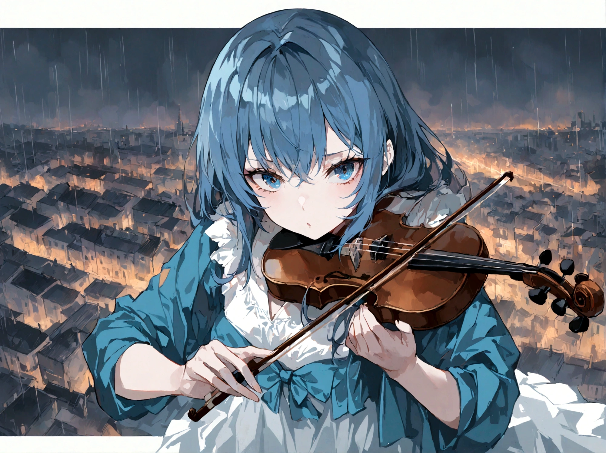 1girl, playing violin, night, city background, masterpiece, hope eyes, thinking eyes, self-hope, rain, ultra detailed, 8k, 16k, detailed eyes, blue colors, gray background, dynamic pose
