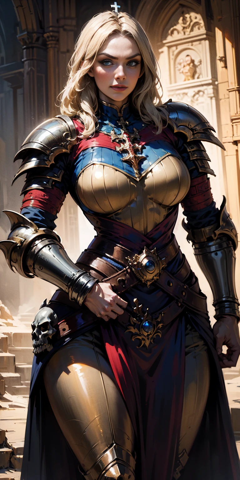 (masterpiece, best quality), intricate details, 1girl, squeenp, blonde hair, blue eyes, crown, shaded face, looking down, from below, evil grin, angry, armor, cross, pauldrons, skulls, cowboy shot, pelvic curtain, huge knockers ((very precise detailed)) ((high res)