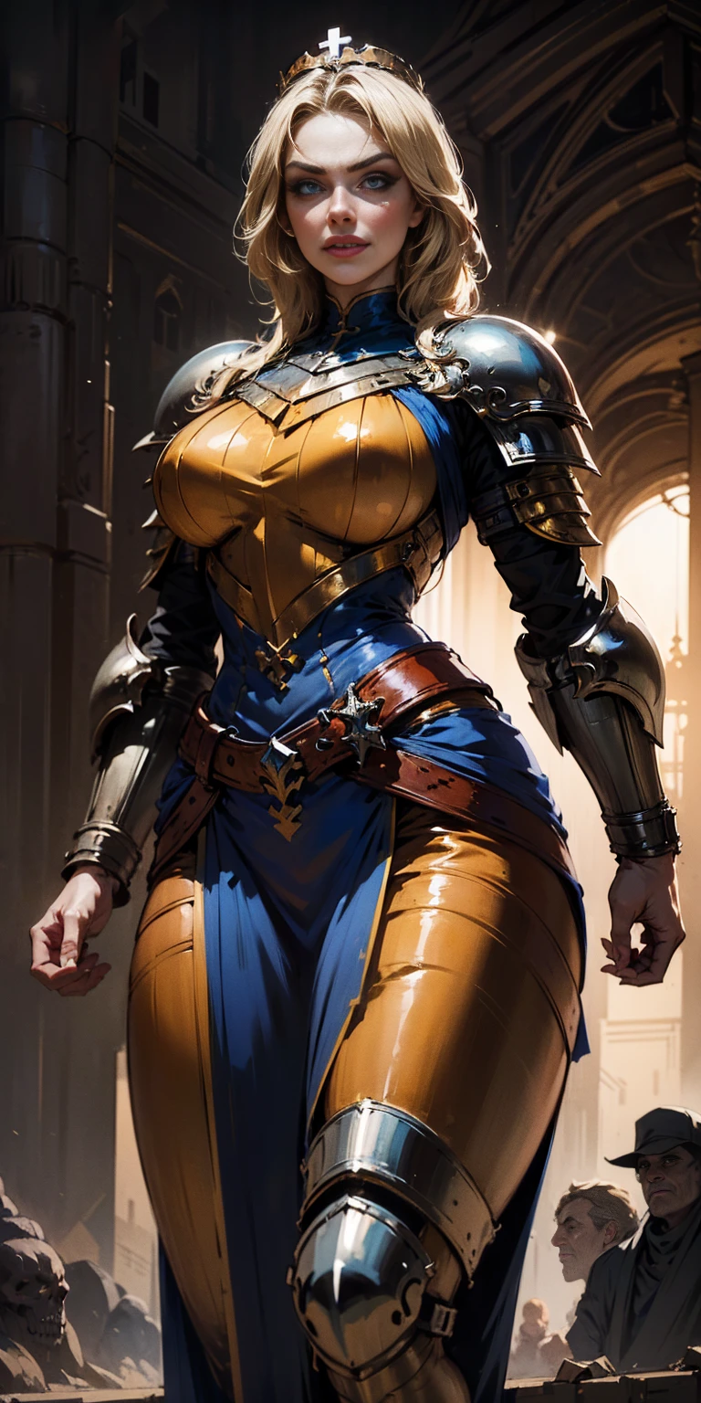 (masterpiece, best quality), intricate details, 1girl, squeenp, blonde hair, blue eyes, crown, shaded face, looking down, from below, evil grin, angry, armor, cross, pauldrons, skulls, cowboy shot, pelvic curtain, huge knockers ((very precise detailed)) ((high res)