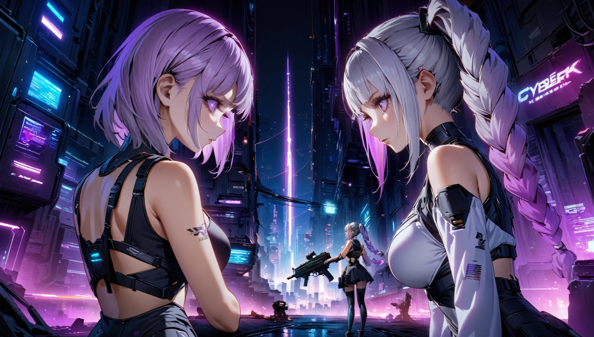 (((Official Art, Unity 8k wallpaper, super detailed, beautiful, beautiful, masterpiece, best quality))), 2 girls standing face to face, (One of the girls had Short silver hair, black top, Neon Art, cyber punk, arms, Pistol, Rocket Launcher, missile), (The other girl had long purple and white gradation double ponytail twists, bare shoulders, white corset,)，(purple and white gradation color hair:1.1), background is a cyberpunk city