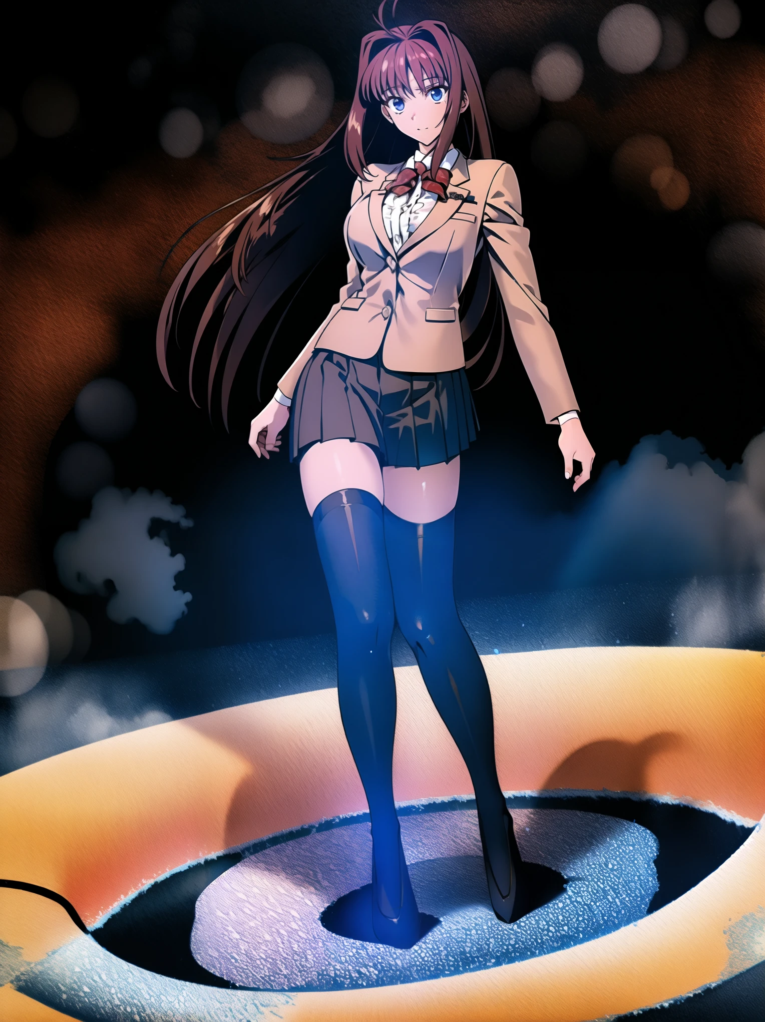 BREAK, centered. BREAK, (COMPLETELY WHITE BACKGROUND), BREAK (masterpiece:1), best quality, high resolution, 8k, illustration, (beautiful detailed eyes:1.5), extremely detailed face, extremely detailed body, CG, perfect hands, perfect anatomy, (((1girl))), ((solo)), (((bbaoko))), ((2 legs max)), ((2 feet max:1.6)), ((swirling vortex shaped longest brown hair:1.5)), (brown longest hair with slightly reddish undertone:1.6), (lush luscious longest brown hair:1.6), (very long voluminous longest brown hair:1.5), serious, blue eyes, red bowtie, (Form-fitting beige blazer:1.5), brown jacket, (highly detailed beautiful face:1.2), (white shirt:1), (well shaped large breasts:1.6), (nice hips:1), (((Umber pleated thigh-high skirt:1.6))), (((black bike shorts:1.4))), (toned thighs:1.6), (jetblack thighhighs:1.6), (strap shoes brown color), (facing front:1.5), ((standing straight:1.5)), ((Fullbody in frame:1.6)), ((Full body:1.5)), ((takeuchi takashi:1.3))
