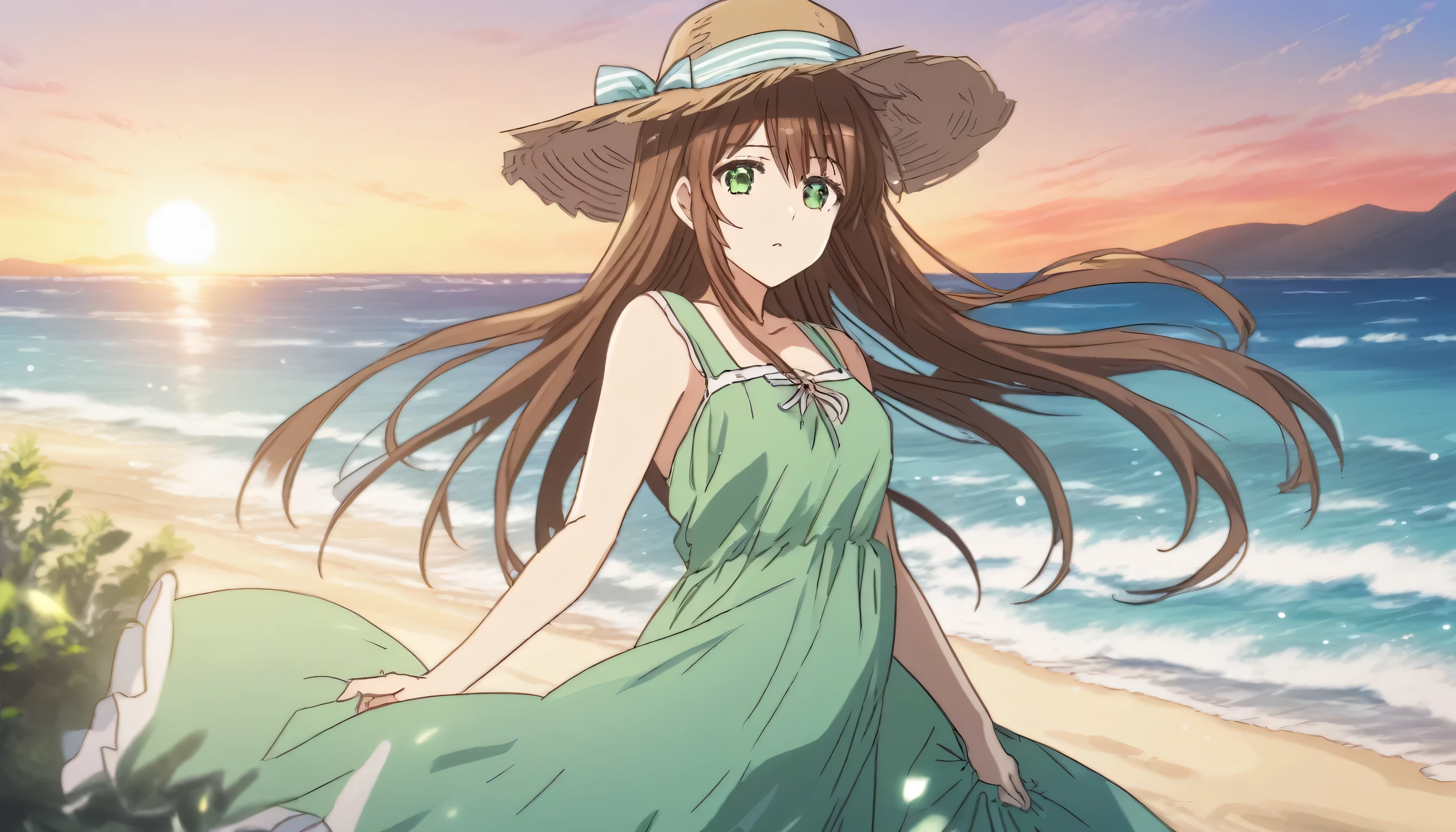 Hina Tachibana, long hair, brown hair, green eyes, Summer Dress, long dress, Beach, wind, pleasure, sunset, hat
