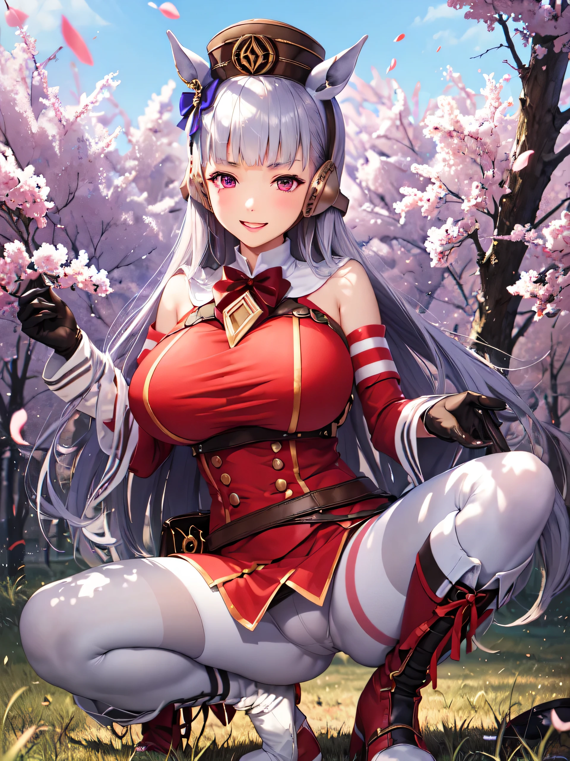 (masterpiece, highest quality:1.2), alone, One girl, umpd gold ship, pillbox hat,  Red dress,No sleeve, White Pantyhose, boots, Horse tail, grassland、(Huge breasts:1.4)、smile、Panties are see-through、blush、Spread your legs