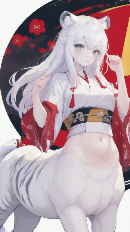 (best quality, masterpiece), 1 girl, centaur, It takes, White skin, Japanese  , exposing the abdomen,belly button t-shirt, beautiful girl perfect white tiger photo, perfect white tiger photo