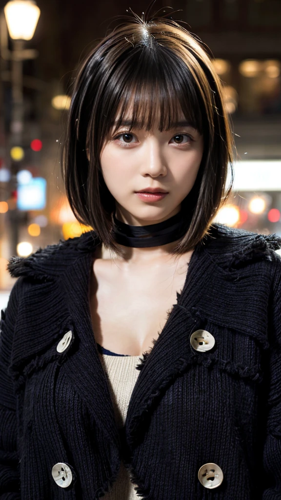 With bangs,Beautiful black hair,Woman with straight medium bob cut,,,21-year-old female,(((No hat))),Aspacarina,((Shy expression)),huge breasts,,Very beautiful eyes, ,(((Wearing a tattered black coat))),(white sweater,choker),(make:1.4),Big eyes,Hip Hop Dancer,Gangster style long pants,8k,High resolution,Gangster style,(head shot:1.5)