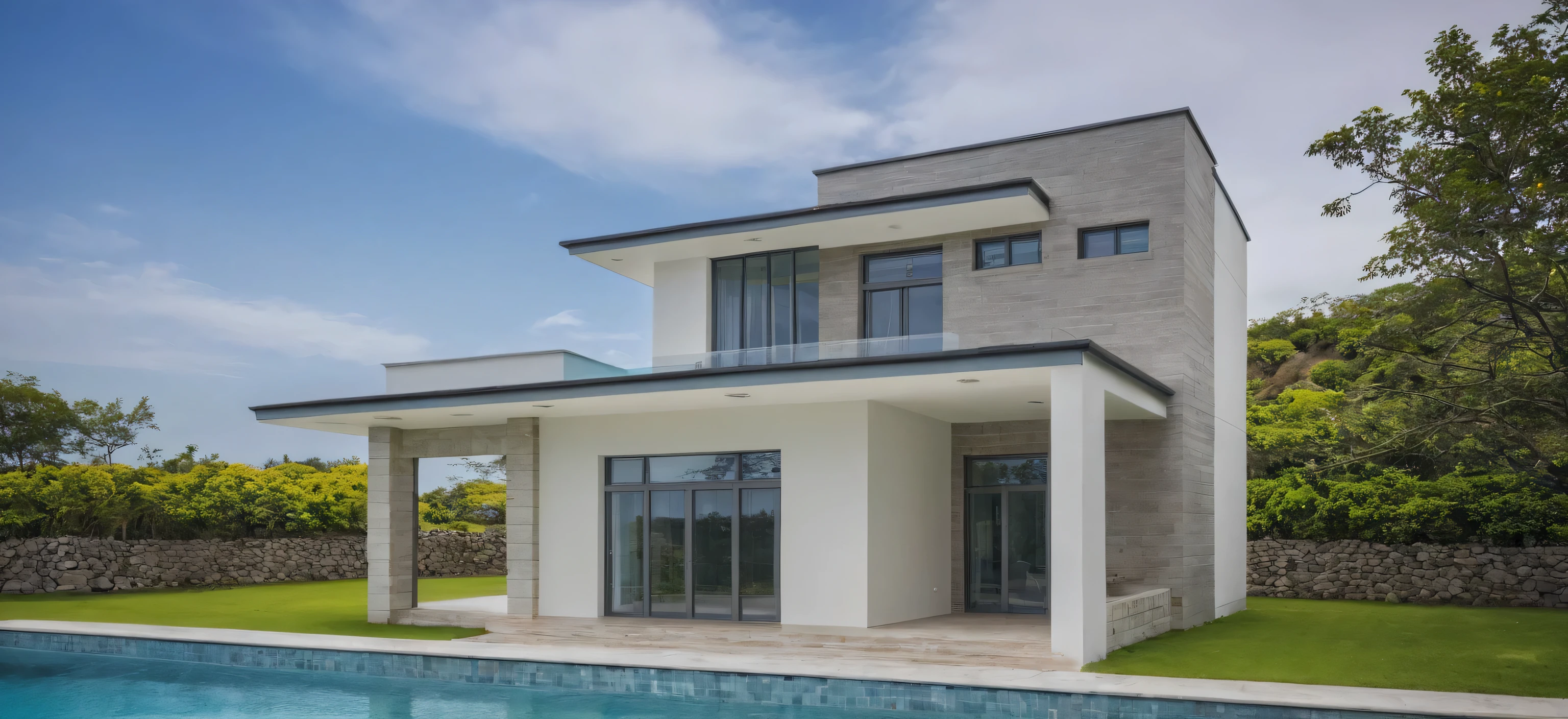 RAW photo,Masterpiece, high quality, best quality, authentic, super detail,
exterior, outdoors, house style modern with (white wall:1.1) , wall ceiling, balcony, railing glass, windows, indoor furniture, stone wall,
stair, grass, small waterfall in to pool,tropical garden, trees, beautiful summer sky, beautiful landscape with grass and flower bushes, plants, trees
(Modern minimalist lines:1.1)
(day:1.1), vray, 8k, uhd, vivid colour