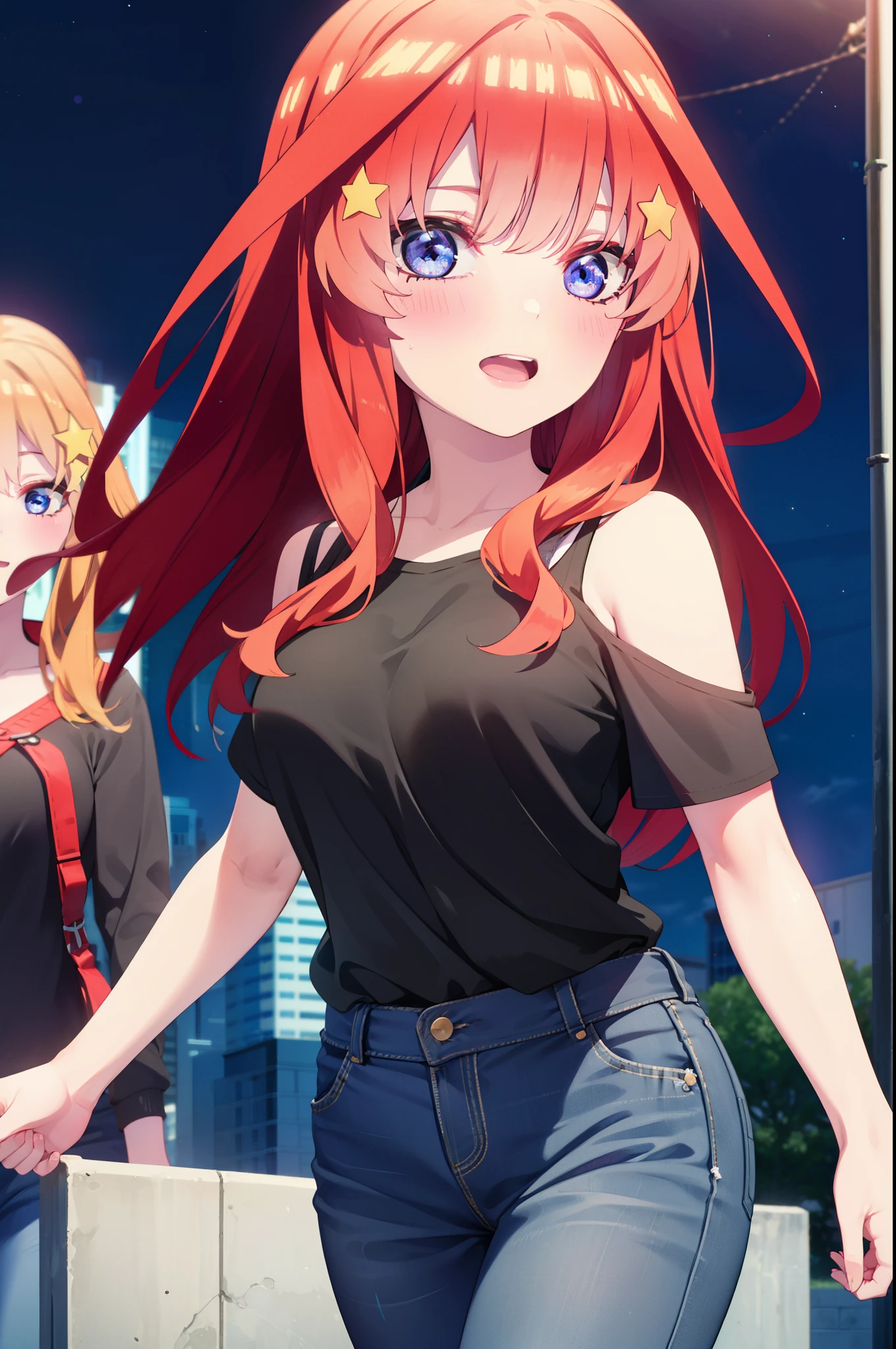 itsukinakano, Itsuki Nakano, bangs, blue eyes, Hair between the eyes, Ahoge, Redhead, star \(symbol\), hair ornaments, star hair ornaments,smile,blush,Open your mouth,,Cold shoulder tops,Skinny jeans,Short sleeve,Stiletto heels,night,Walking,moon,whole bodyがイラストに入るように,Looking down from above,
break outdoors, In town,Building district,
break looking at viewer, whole body,
break (masterpiece:1.2), highest quality, High resolution, unity 8k wallpaper, (figure:0.8), (Beautiful fine details:1.6), Highly detailed face, Perfect lighting, Highly detailed CG, (Perfect hands, Perfect Anatomy),
