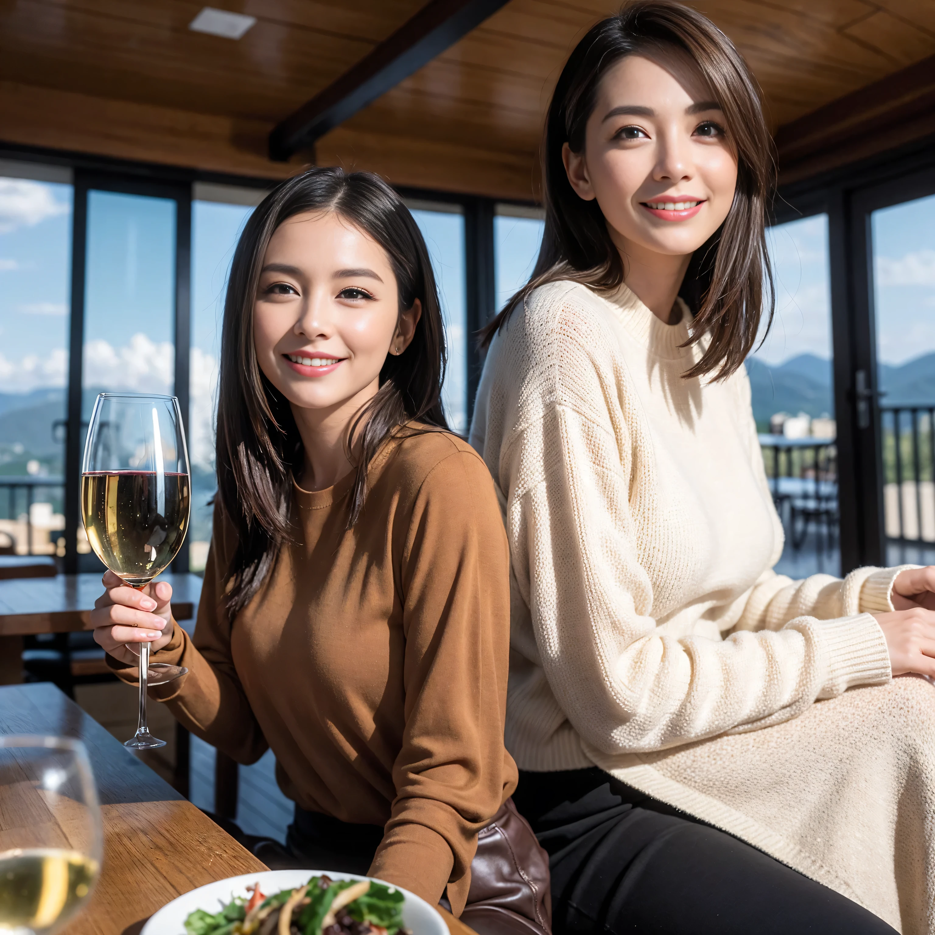 ((highest quality、8k、masterpiece:1.3))、1 male、1 female、Couple、Spouse、Couple、The body is slim、((Bob Hale、Straight hair:1.2)), (Realistic, Intricate details:1.2), Wine glass on the table、Put the light on your face、 Amazing view of the sunset sky and clouds、Amazing mountain views、A bright smile、The wonderfulness of smile、Bright image、The beauty of wine, Beautiful Face, blue eyes, The light shines on your face, Blushing, short hair,Bright Face、 (Age 37), 39 years old, red wine 、Appetizers、Italian food、Wine bottle、Champagne、sparkling wine、Two beauties、Brown Hair、Shortcuts、Long sleeve shirt、dress、Pretty Woman 1, (Slim face), (The body is slim), (Brown Hair), (Shortcuts), cheeks turn a little red,Attractive beauty、restaurant, In a prominent place (From the waist up) Nova Frog Style, actress, model, Upper Body, White wine, slim, wine glass, A wine glass placed in the center, smile, (smile: 1.15), Beautiful fine grain, Depth f/2,saturation, High Contrast, Strong light and shadow,Moist Body:1.5、3D texture、Delicate eyes、Brown Hair、The hair is very shiny、