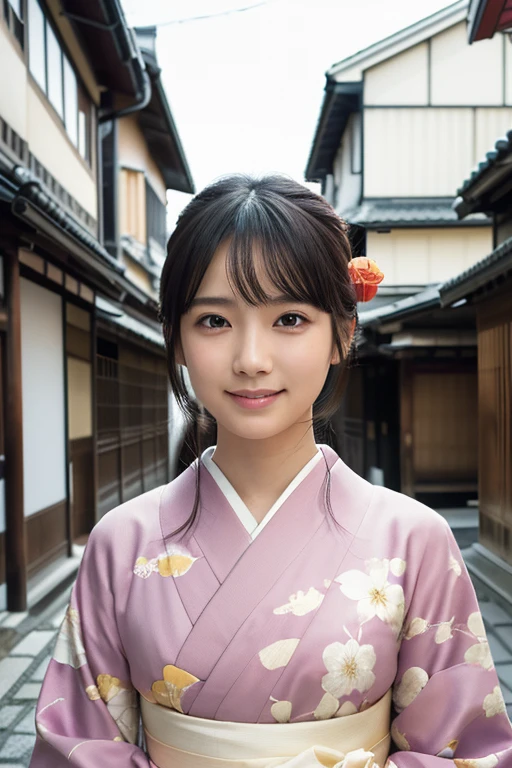 Professional Lighting,(Photorealistic:1.4), (Top image quality:1.0), (超A high resolution:1.0), 8k, Raw photography、(最高quality Detail:1.2)、Realistic、8K Ultra HD、High resolution、(1 girl:1.2)、超Familiarな、High quality textures、Intricate details、Familiar、Very Familiar CG、High quality shadows、Familiar 美しく繊細な顔、Beautiful details and a delicate eye、(Symmetrical eyes:1.2),Written boundary depth、Ray Tracing,1 girl, Japanese Girls, (Natural smile:1.4),cute, thin, Portrait of a beautiful Japanese woman in a kimono, Standing elegantly on a street corner in Kyoto. Kimono with vibrant traditional patterns, Hair decorated with elegant and delicate hairpins, Gentle expression. (With the old streets of Kyoto in the background:1.4)、The soft light of a spring afternoon、Adding tranquility to the scene. Rendered in a Realistic style with great attention to detail, High resolutionの画像.Sky Porn, Magic Hour, (Realistic:1.3), finely, quality, (Tabletop:1.2), (Realistic:1.2), (最高quality), (複雑なFamiliar), dramatic, Ray Tracing, photograph, +roller,