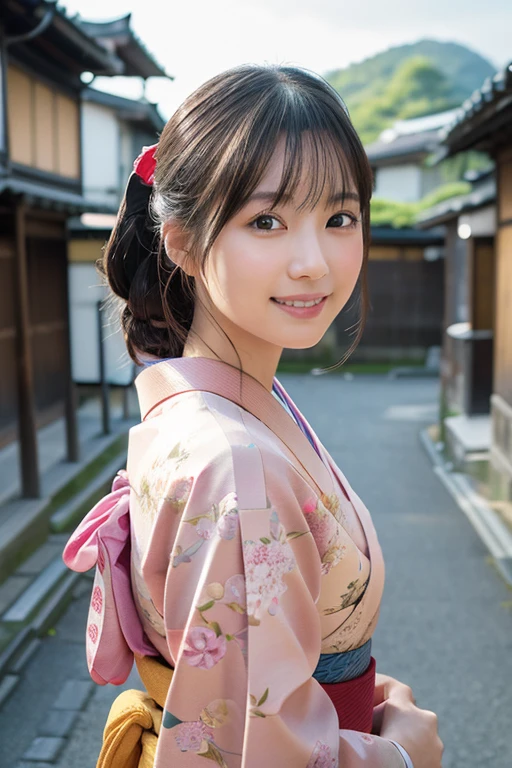 Professional Lighting,(Photorealistic:1.4), (Top image quality:1.0), (超A high resolution:1.0), 8k, Raw photography、(最高quality Detail:1.2)、Realistic、8K Ultra HD、High resolution、(1 girl:1.2)、超Familiarな、High quality textures、Intricate details、Familiar、Very Familiar CG、High quality shadows、Familiar 美しく繊細な顔、Beautiful details and a delicate eye、(Symmetrical eyes:1.2),Written boundary depth、Ray Tracing,1 girl, Japanese Girls, (Natural smile:1.4),cute, thin, Portrait of a beautiful Japanese woman in a kimono, Standing elegantly on a street corner in Kyoto. Kimono with vibrant traditional patterns, Hair decorated with elegant and delicate hairpins, Gentle expression. (With the old streets of Kyoto in the background:1.4)、The soft light of a spring afternoon、Adding tranquility to the scene. Rendered in a Realistic style with great attention to detail, High resolutionの画像.Sky Porn, Magic Hour, (Realistic:1.3), finely, quality, (Tabletop:1.2), (Realistic:1.2), (最高quality), (複雑なFamiliar), dramatic, Ray Tracing, photograph, +roller,
