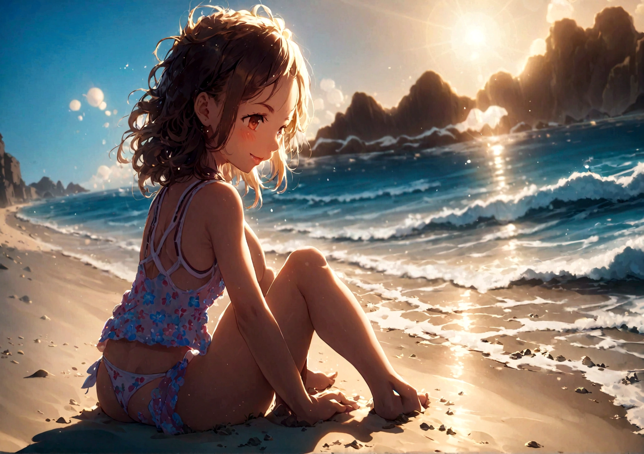 Beach,Sunlight,A little girl,在Beach上奔跑,Back