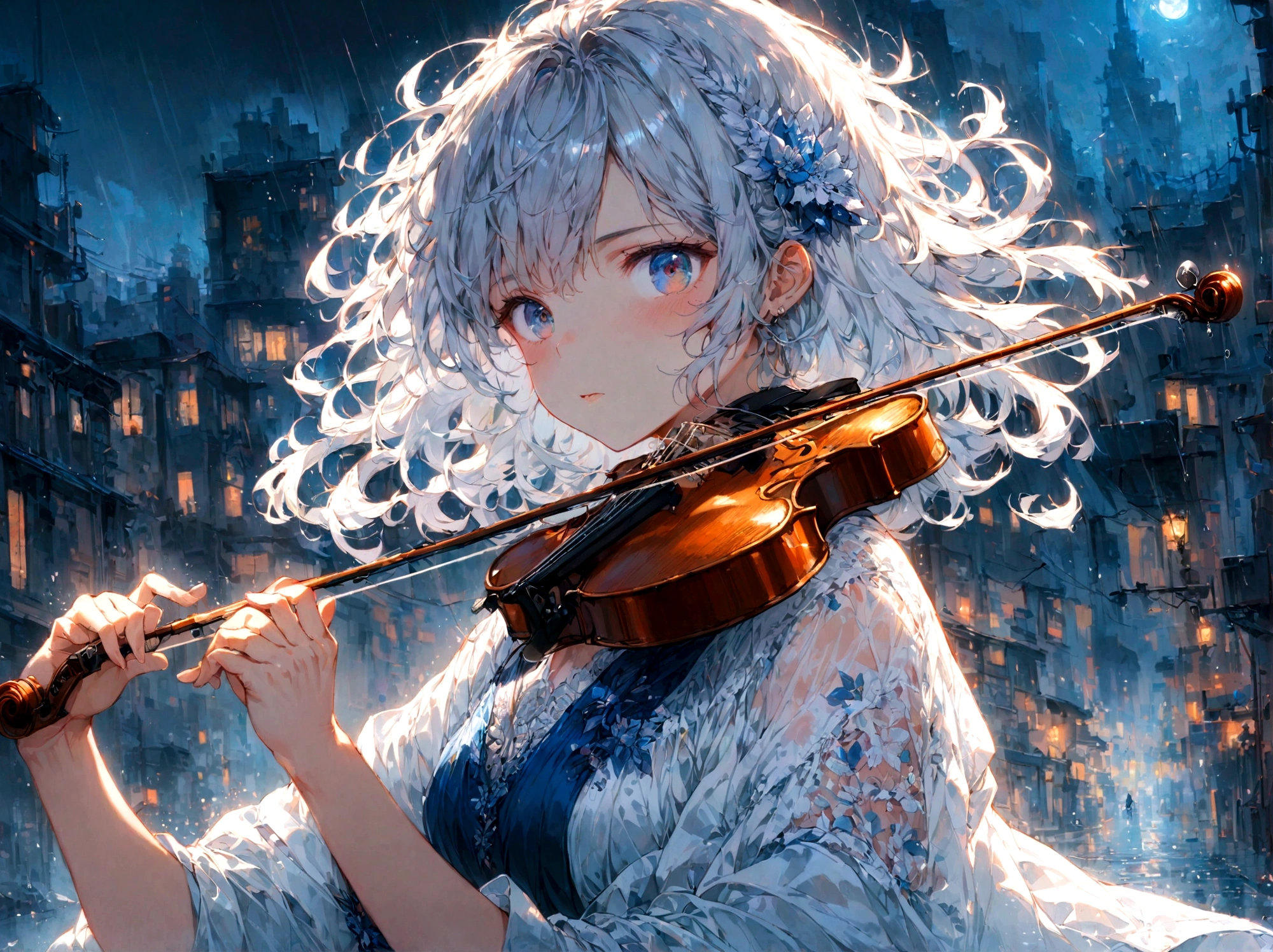 1girl, playing violin, night, city background, masterpiece, hope eyes, thinking eyes, self-hope, rain, ultra detailed, 8k, 16k, detailed eyes, blue colors, gray background, dynamic pose