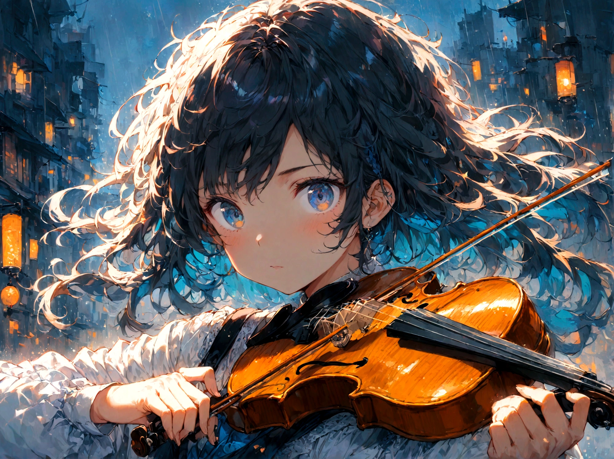 1girl, playing violin, night, city background, masterpiece, hope eyes, thinking eyes, self-hope, rain, ultra detailed, 8k, 16k, detailed eyes, blue colors, gray background, dynamic pose