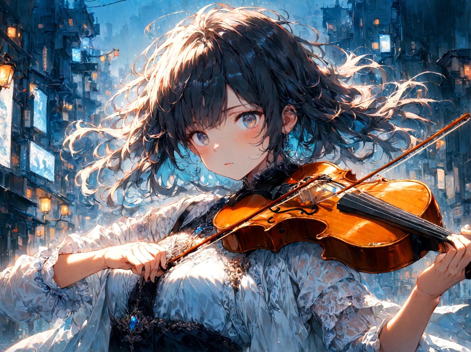 1girl, playing violin, night, city background, masterpiece, hope eyes, thinking eyes, self-hope, rain, ultra detailed, 8k, 16k, detailed eyes, blue colors, gray background, dynamic pose