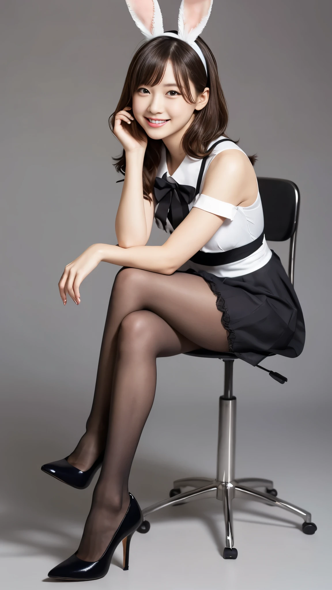 Bunny girl in maid outfit:1.5,Wearing black tights:1.5,The best smile:1.5,Full Body Shot:1.5,Gray background:1.5,Wearing black high heels:1.5,Short hair with side waves:1.5,Yankee sitting:1.5