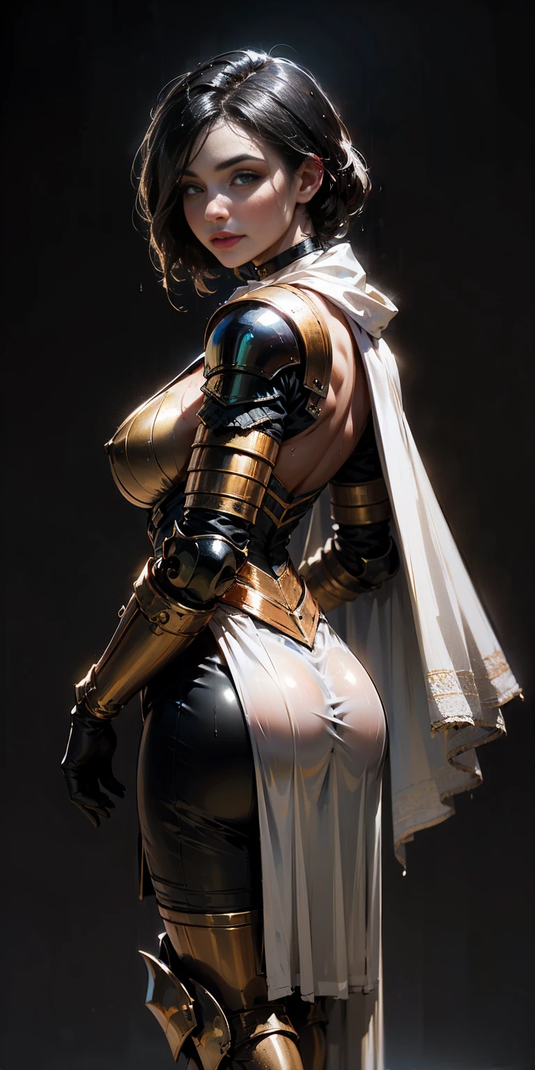 (Best quality, BLACK BACKGROUND, 4k, Masterpiece:1.3) (1soloMILF Shez hair over one eye) choker, armor, cape, black dress, single glove, thigh highs, armored legwear, orange boots, from side, standing, whole body, looking at viewer, smile, closed mouth, ebony skin, beautiful woman, hyper realistic ((turned back)) (drooping breasts, attractive body :1.2) (wet rainy, wet by rain, wet body :1.2), ultra-detailed face, detailed lips, detailed eyes, double eyelid
