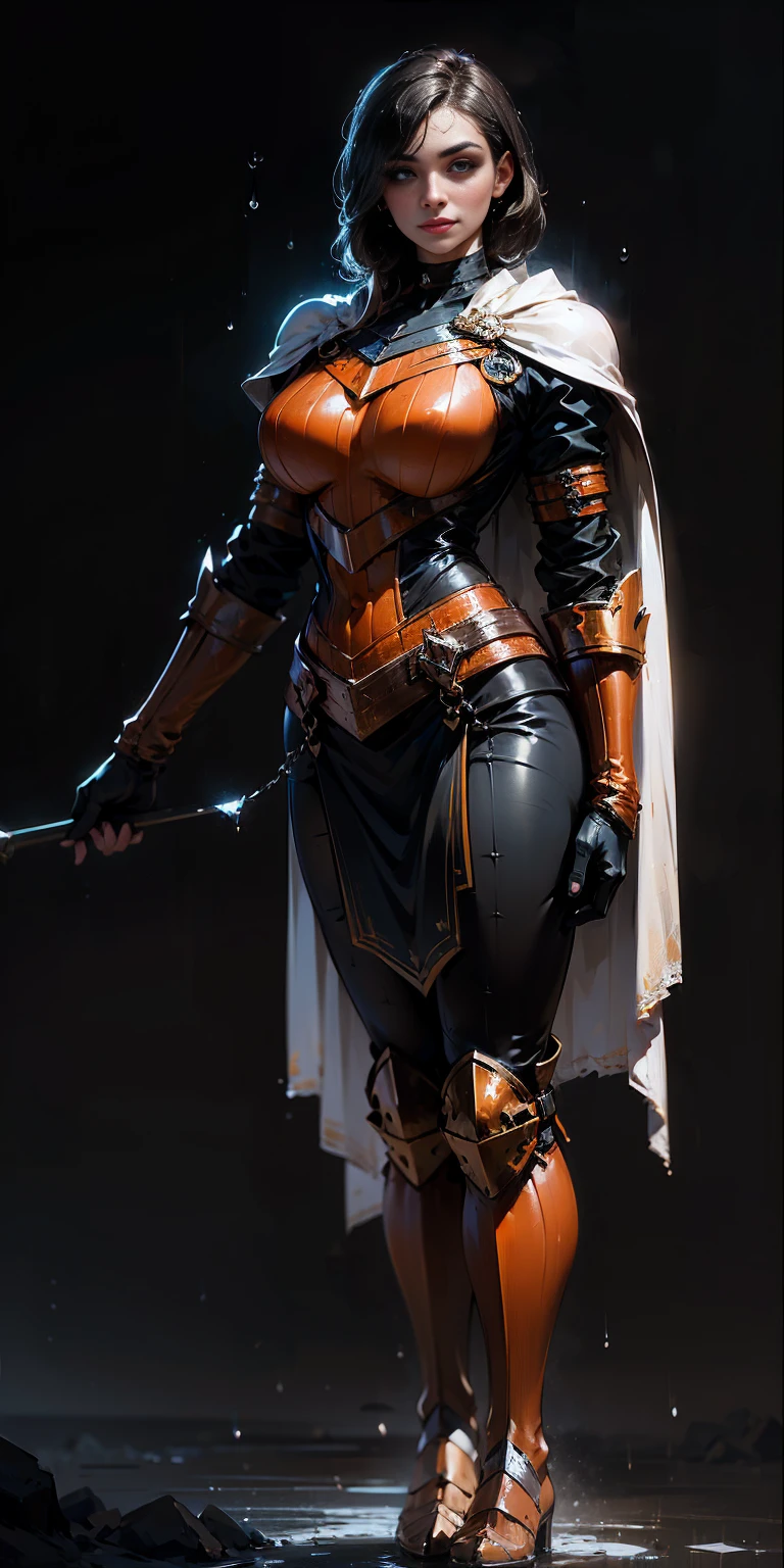 (Best quality, BLACK BACKGROUND, 4k, Masterpiece:1.3) (1soloMILF Shez hair over one eye) choker, armor, cape, black dress, single glove, thigh highs, armored legwear, orange boots, from side, standing, whole body, looking at viewer, smile, closed mouth, ebony skin, beautiful woman, hyper realistic ((turned back)) (drooping breasts, attractive body :1.2) (wet rainy, wet by rain, wet body :1.2), ultra-detailed face, detailed lips, detailed eyes, double eyelid