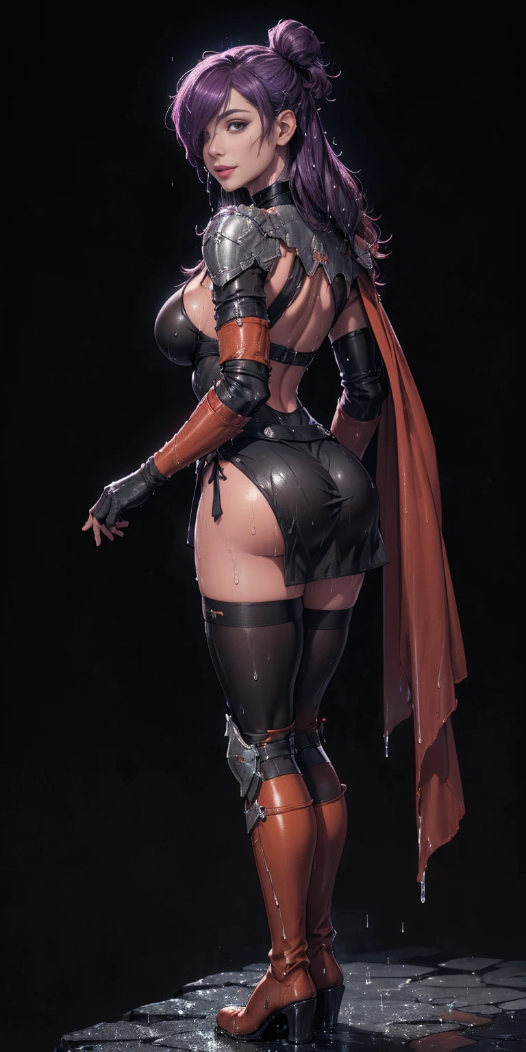 (Best quality, BLACK BACKGROUND, 4k, Masterpiece:1.3) (1soloMILF Shez hair over one eye) choker, armor, cape, black dress, single glove, thigh highs, armored legwear, orange boots, from side, standing, whole body, looking at viewer, smile, closed mouth, ebony skin, beautiful woman, hyper realistic ((turned back)) (drooping breasts, attractive body :1.2) (wet rainy, wet by rain, wet body :1.2), ultra-detailed face, detailed lips, detailed eyes, double eyelid