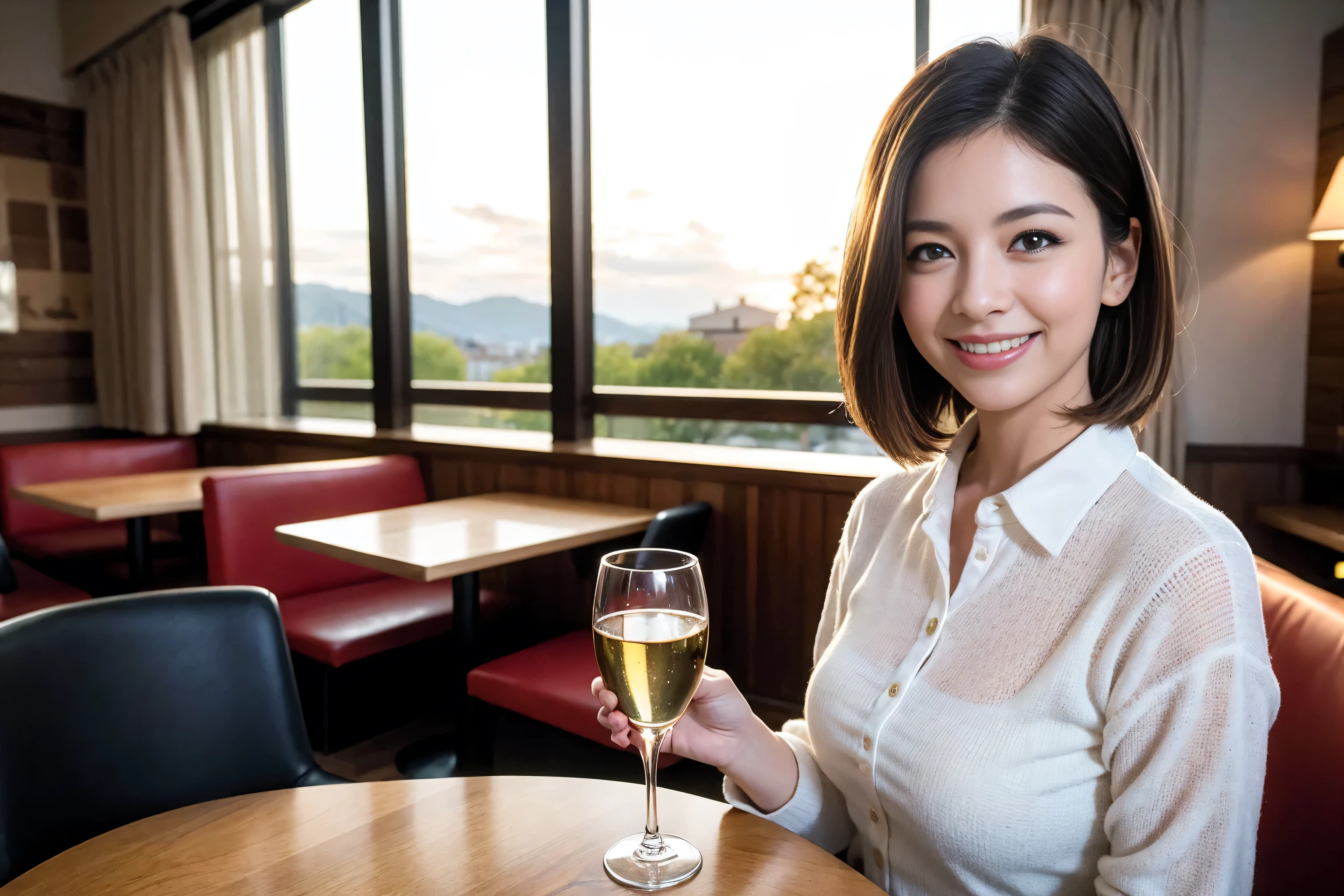 ((highest quality、8k、masterpiece:1.3))、1 male、1 female、Satomi Ishihara-like beautiful couple、Spouse、Couple、The body is slim、((Bob Hale、Straight hair:1.2)), (Realistic, Intricate details:1.2), Wine glass on the table、Put the light on your face、 Amazing view of the sunset sky and clouds、Amazing mountain views、A bright smile、The wonderfulness of smile、Bright image、The beauty of wine, Beautiful Face, blue eyes, The light shines on your face, Blushing, short hair,Bright Face、 (Age 37), 41 years old, red wine 、Appetizers、Italian food、Wine bottle、Champagne、sparkling wine、Two beauties、Brown Hair、Shortcuts、Long sleeve shirt、dress、Pretty Woman 1, (Slim face), (The body is slim), (Brown Hair), (Shortcuts), cheeks turn a little red,Attractive beauty、restaurant, In a prominent place (From the waist up) Nova Frog Style, actress, model, Upper Body, White wine, slim, wine glass, A wine glass placed in the center, smile, (smile: 1.15), Beautiful fine grain, Depth f/2,saturation, High Contrast, Strong light and shadow,Moist Body:1.5、3D texture、Delicate eyes、Brown Hair、The hair is very shiny、