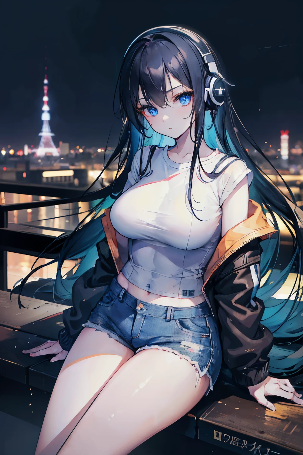 1girl, long black hair, blue eyes, wearing tight white shirt, denim shorts, wearing headphones, Tokyo night city, absurdres, high res, ultrasharp, 8k, masterpiece, looking at viewer