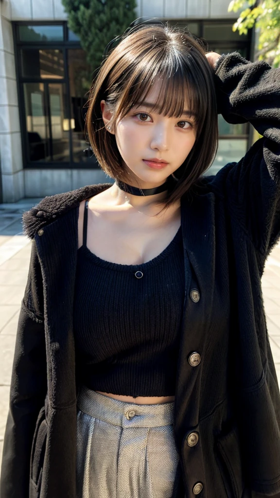 With bangs,Beautiful black hair,Woman with straight medium bob cut,,,21-year-old female,(((No hat))),Aspacarina,((Shy expression)),huge breasts,,Very beautiful eyes, ,(((Wearing a tattered black coat))),(white sweater,choker),(make:1.4),Big eyes,Hip Hop Dancer,Gangster style long pants,8k,High resolution,Gangster style,(head shot:1.5)
