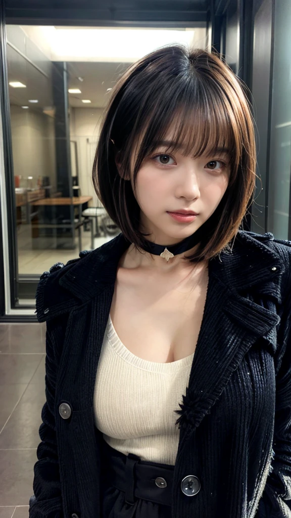 With bangs,Beautiful black hair,Woman with straight medium bob cut,,,21-year-old female,(((No hat))),Aspacarina,((Shy expression)),huge breasts,,Very beautiful eyes, ,(((Wearing a tattered black coat))),(white sweater,choker),(make:1.4),Big eyes,Hip Hop Dancer,Gangster style long pants,8k,High resolution,Gangster style,(head shot:1.5)