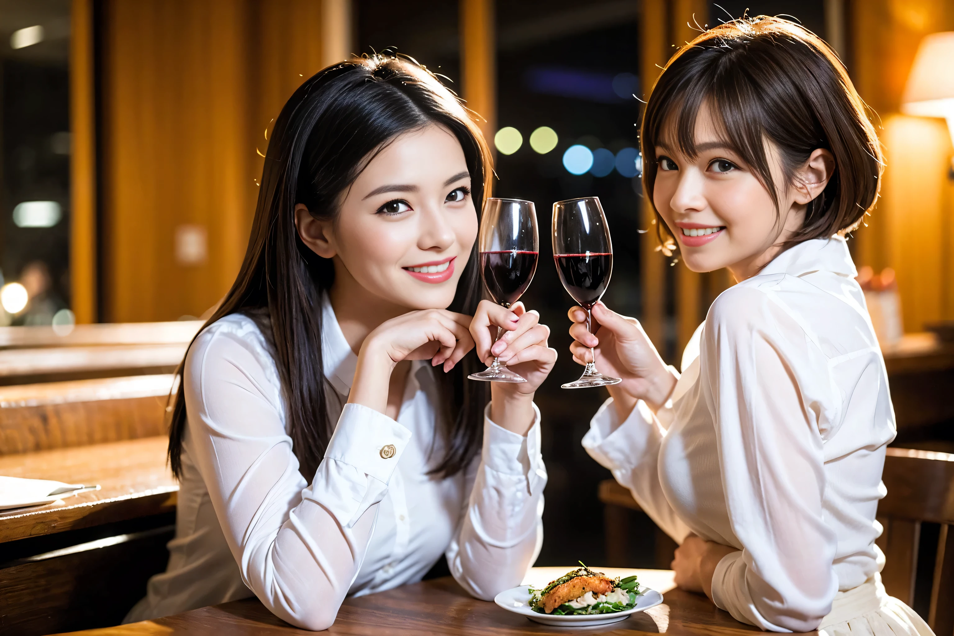 ((highest quality、8k、masterpiece:1.3))、1 male、1 female、Satomi Ishihara-like beautiful couple、Spouse、Couple、The body is slim、((Bob Hale、Straight hair:1.2)), (Realistic, Intricate details:1.2), Wine glass on the table、Put the light on your face、 Amazing view of the sunset sky and clouds、Amazing mountain views、A bright smile、The wonderfulness of smile、Bright image、The beauty of wine, Beautiful Face, blue eyes, The light shines on your face, Blushing, short hair,Bright Face、 (Age 37), 41 years old, red wine 、Appetizers、Italian food、Wine bottle、Champagne、sparkling wine、Two beauties、Brown Hair、Shortcuts、Long sleeve shirt、dress、Pretty Woman 1, (Slim face), (The body is slim), (Brown Hair), (Shortcuts), cheeks turn a little red,Attractive beauty、restaurant, In a prominent place (From the waist up) Nova Frog Style, actress, model, Upper Body, White wine, slim, wine glass, A wine glass placed in the center, smile, (smile: 1.15), Beautiful fine grain, Depth f/2,saturation, High Contrast, Strong light and shadow,Moist Body:1.5、3D texture、Delicate eyes、Brown Hair、The hair is very shiny、