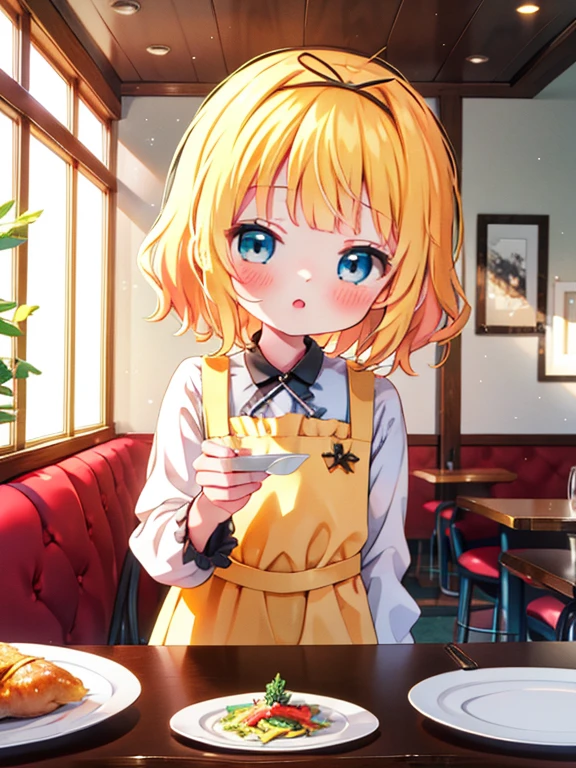 masterpiece, highest quality, Very detailed, 16k, Ultra-high resolution, Cowboy Shot, Detailed face, Perfect Fingers, 14-year-old female,  Blue eyes, Blonde, Inside the restaurant, syaro gochiusa, table, Chair, Carry dishes