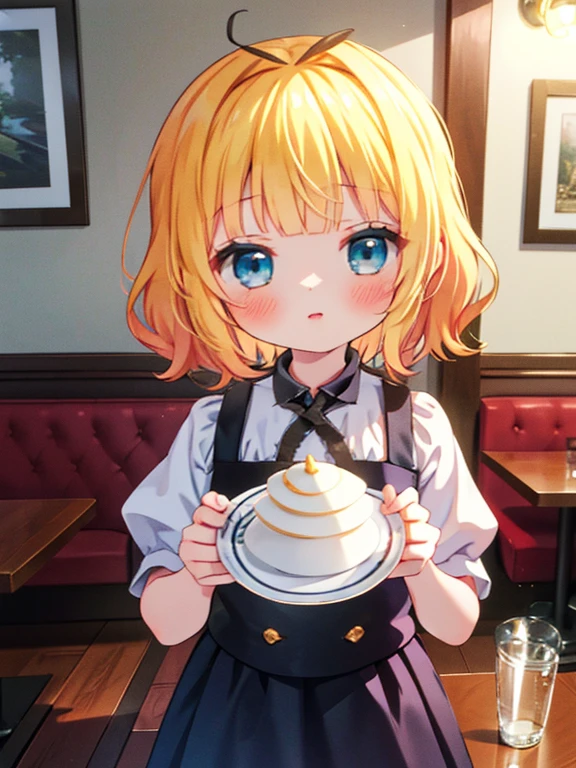 masterpiece, highest quality, Very detailed, 16k, Ultra-high resolution, Cowboy Shot, Detailed face, Perfect Fingers, 14-year-old female,  Blue eyes, Blonde, Inside the restaurant, syaro gochiusa, table, Chair, Carry dishes