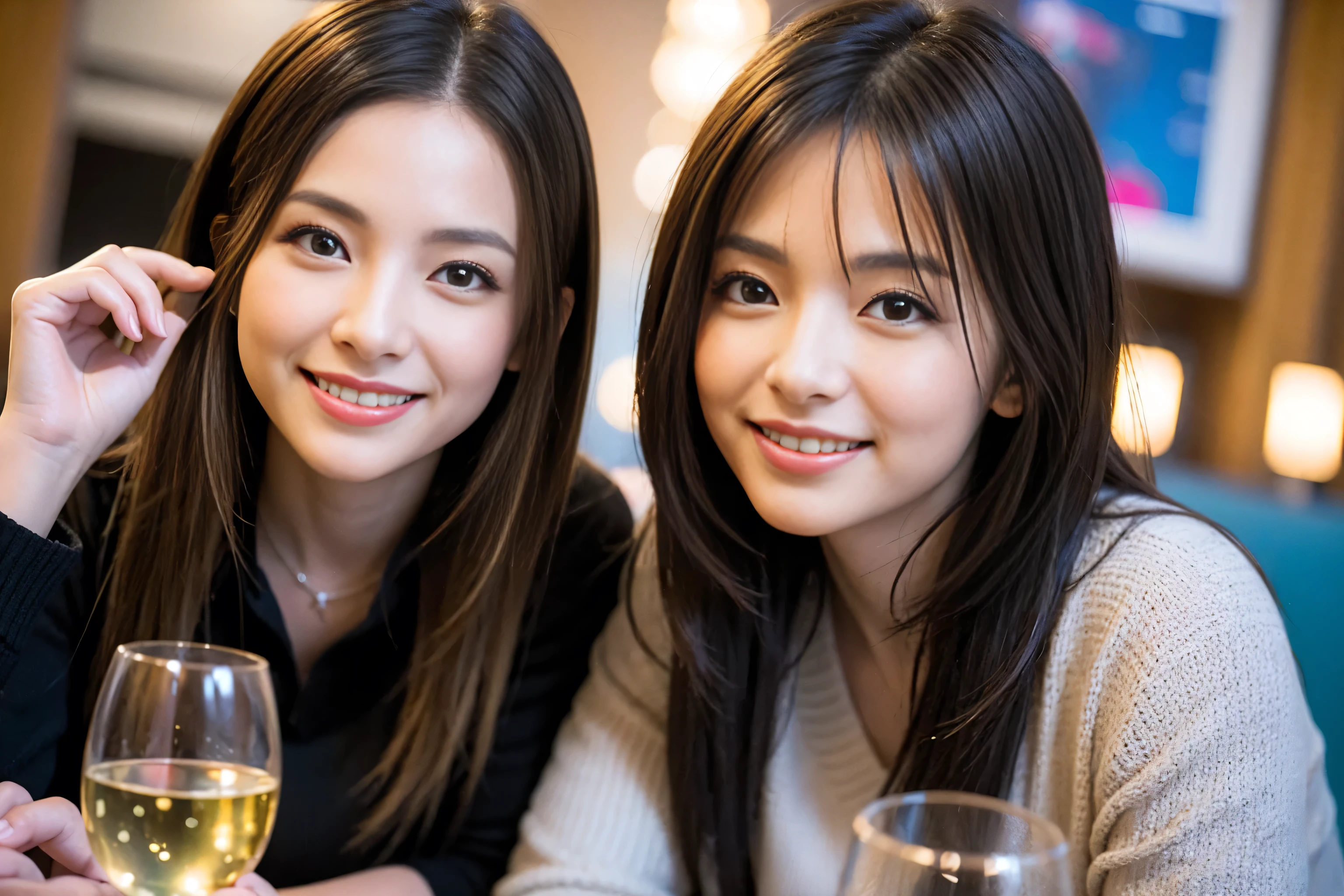 ((highest quality、8k、masterpiece:1.3))、1 male、1 female、Satomi Ishihara-like beautiful couple、Spouse、Couple、The body is slim、((Bob Hale、Straight hair:1.2)), (Realistic, Intricate details:1.2), Wine glass on the table、Put the light on your face、 Amazing view of the sunset sky and clouds、Amazing mountain views、A bright smile、The wonderfulness of smile、Bright image、The beauty of wine, Beautiful Face, blue eyes, The light shines on your face, Blushing, short hair,Bright Face、 (Age 37), 41 years old, red wine 、Appetizers、Italian food、Wine bottle、Champagne、sparkling wine、Two beauties、Brown Hair、Shortcuts、Long sleeve shirt、dress、Pretty Woman 1, (Slim face), (The body is slim), (Brown Hair), (Shortcuts), cheeks turn a little red,Attractive beauty、restaurant, In a prominent place (From the waist up) Nova Frog Style, actress, model, Upper Body, White wine, slim, wine glass, A wine glass placed in the center, smile, (smile: 1.15), Beautiful fine grain, Depth f/2,saturation, High Contrast, Strong light and shadow,Moist Body:1.5、3D texture、Delicate eyes、Brown Hair、The hair is very shiny、