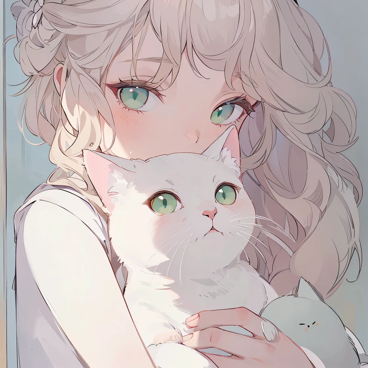 A beautiful, serene half-body illustration of a young woman with light blonde, wavy hair holding a white cat. The woman has green eyes and delicate features, looking gently at the viewer. The cat has green eyes, adding to their harmonious appearance. The background is soft and minimalistic, with a warm, calming color palette. The scene is a close-up shot, focusing on the woman's upper body and face, with the cat nestled comfortably in her arms. The overall style should be consistent with a warm, peaceful, and gentle atmosphere