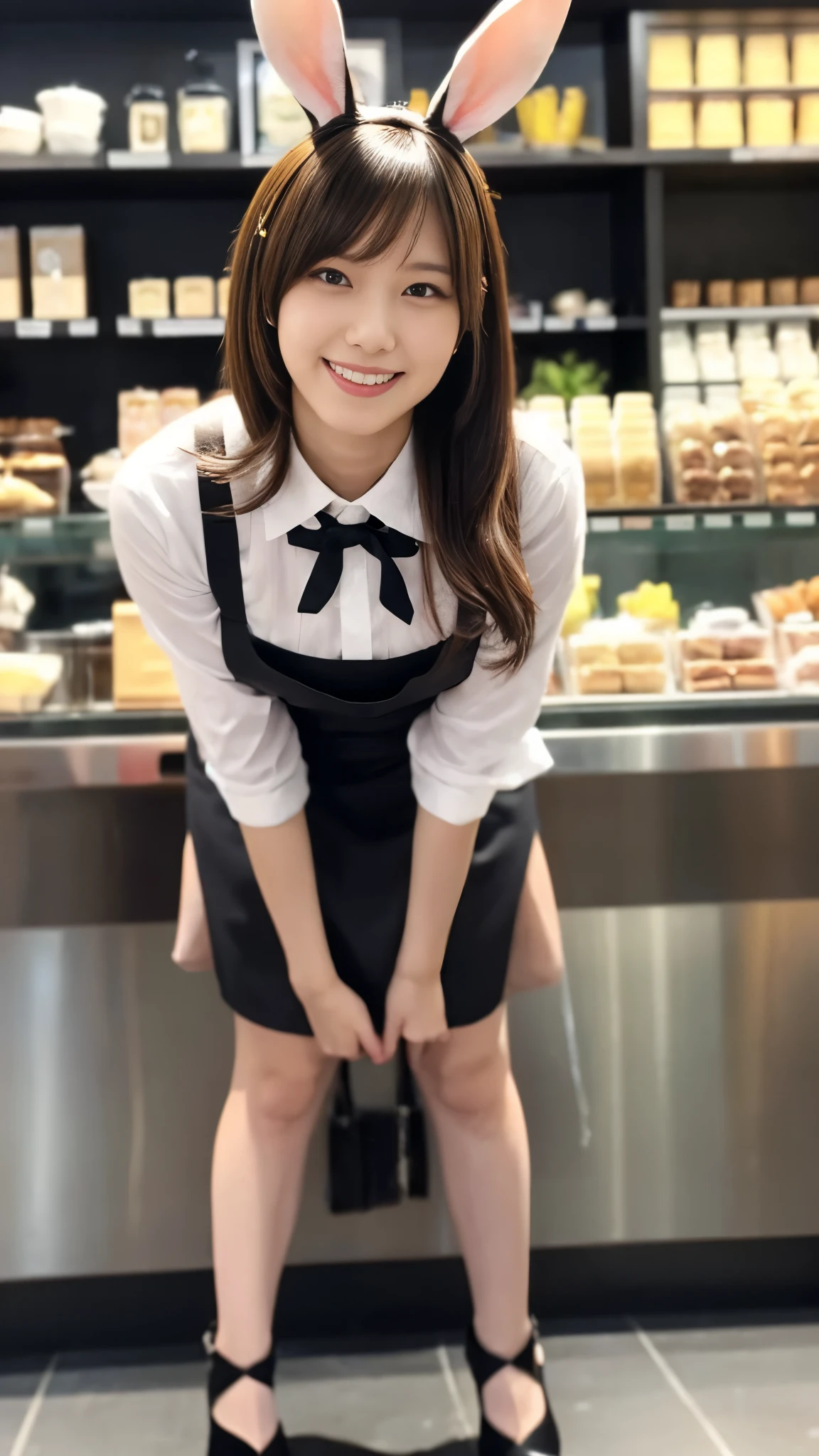 Bunny girl working at maid cafe:1.5,The best smile:1.5,Full Body Shot:1.5,Gray background:1.5,Wearing black high heels:1.5,Leaning forward and looking in:1.5