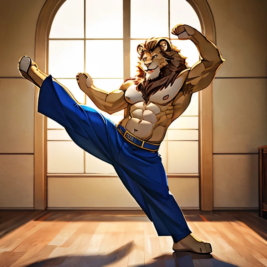 Lion in prime age、Male lion、muscular torso、Jumping pose、stretching one leg straight、Male lion's face、Mane that extends to the crotch、a white bikini、Small face、Split abs、Detailed body hair、profile、fullnude、Upturned face、Angry look、large amount of chest hair、large amount of belly hair、large amount of armpit hair、anime style big eyes、black eyes、sharp claws, white big fang、Composition looking down from directly above、 big cock、 cum dripping、Milk is being poured on the crotch、Lower the corners of the mouth、the whole body is wet、Mass sweat、large tongue、Heavy drool、Savannah background、White breath