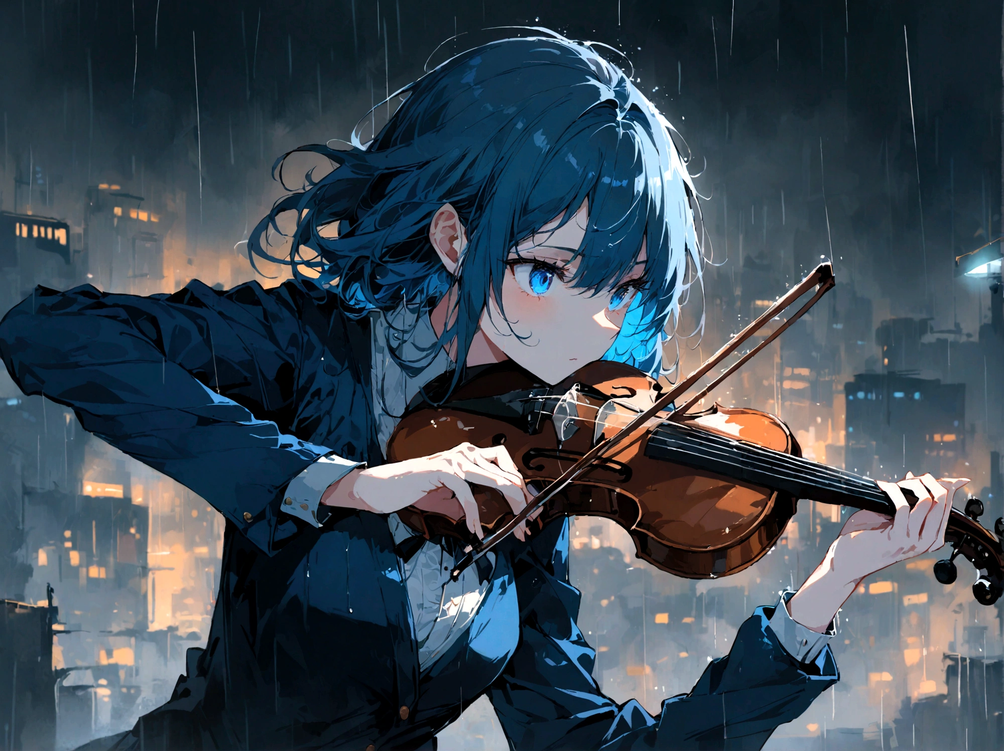 1girl, playing violin, night, city background, masterpiece, hope eyes, thinking eyes, self-hope, rain, ultra detailed, 8k, 16k, detailed eyes, blue colors, gray background, dynamic pose