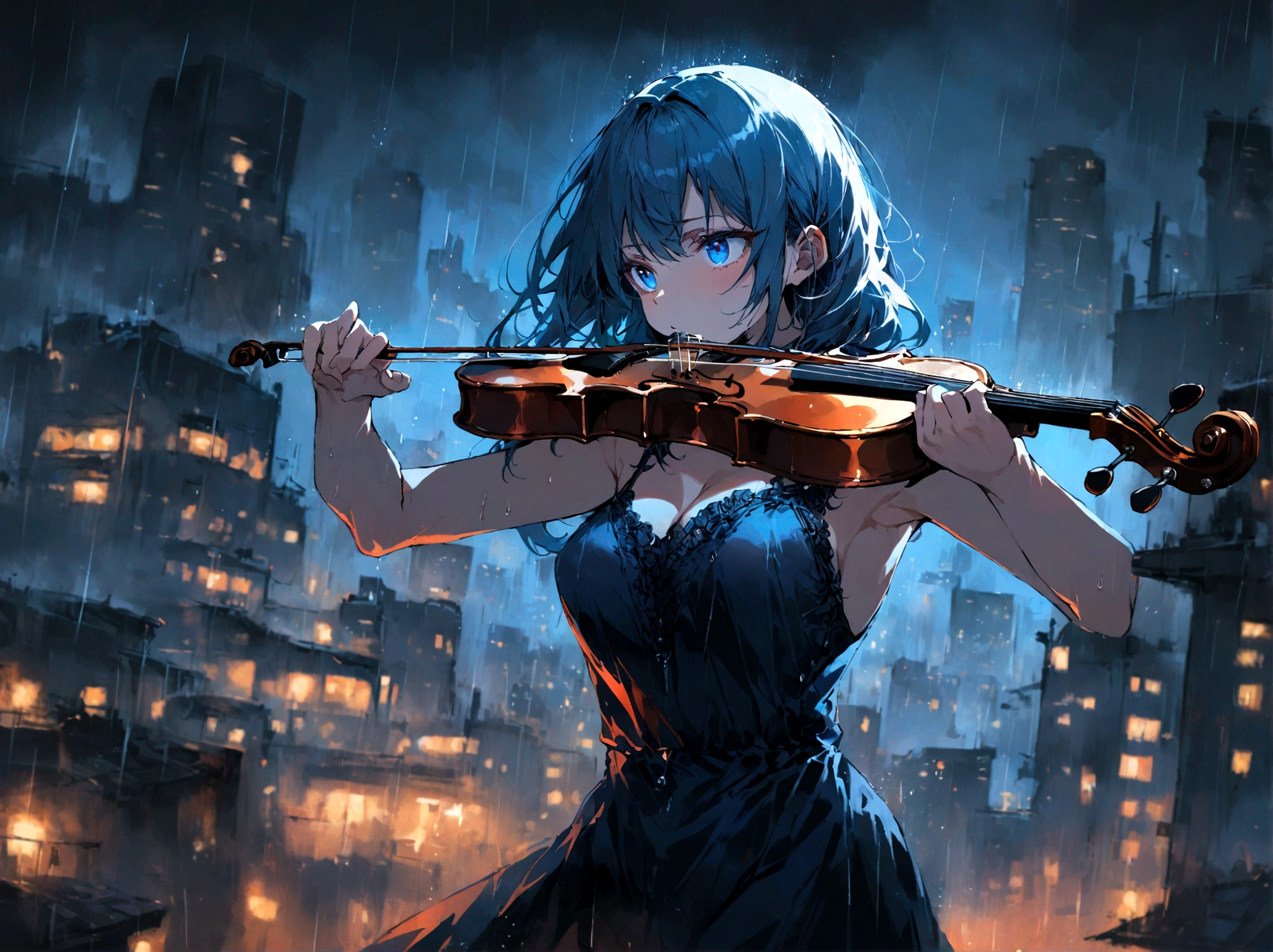 1girl, playing violin, night, city background, masterpiece, hope eyes, thinking eyes, self-hope, rain, ultra detailed, 8k, 16k, detailed eyes, blue colors, gray background, dynamic pose