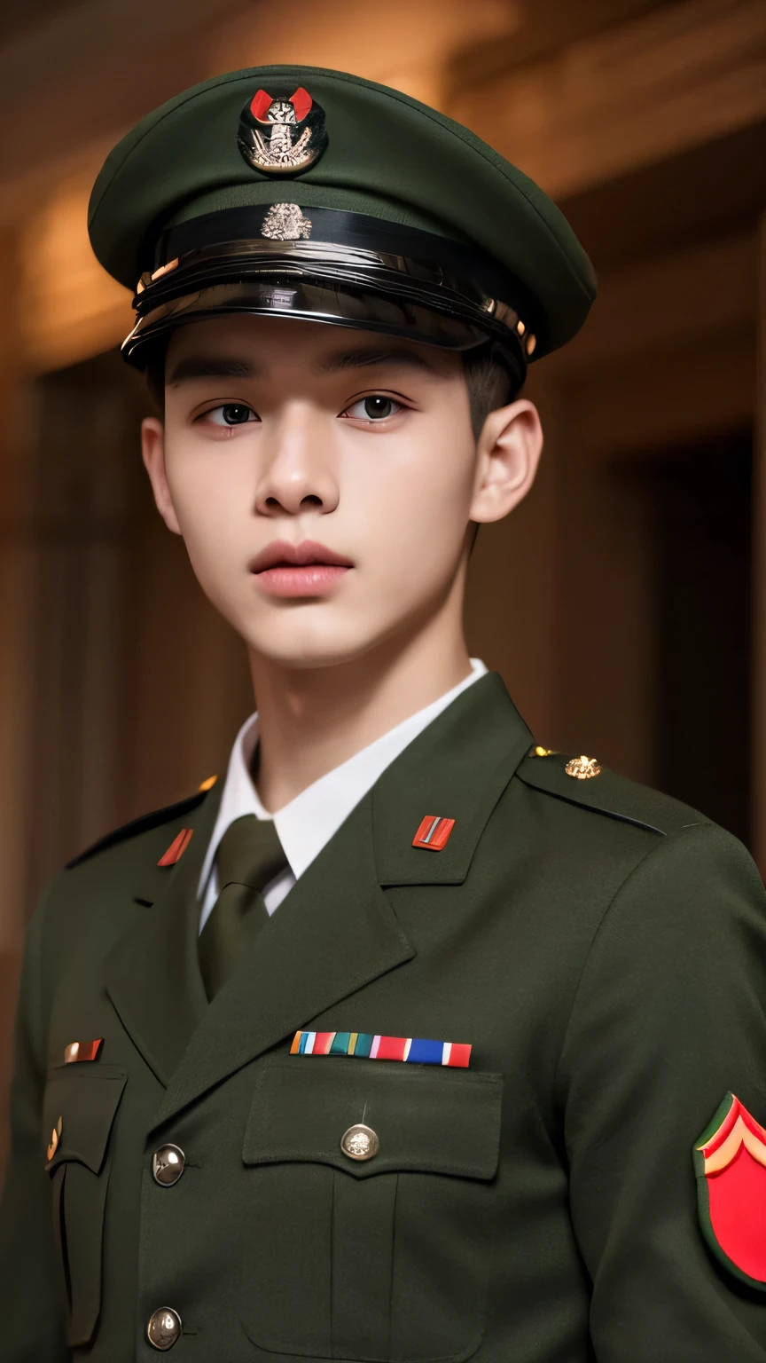 ((best quality)), ((masterpiece)), (detailed), Perfect face，A young man who is about to join the army，Wearing green military uniform with military cap，There are red elements on the military uniform，Face the camera，Male Soldiers，