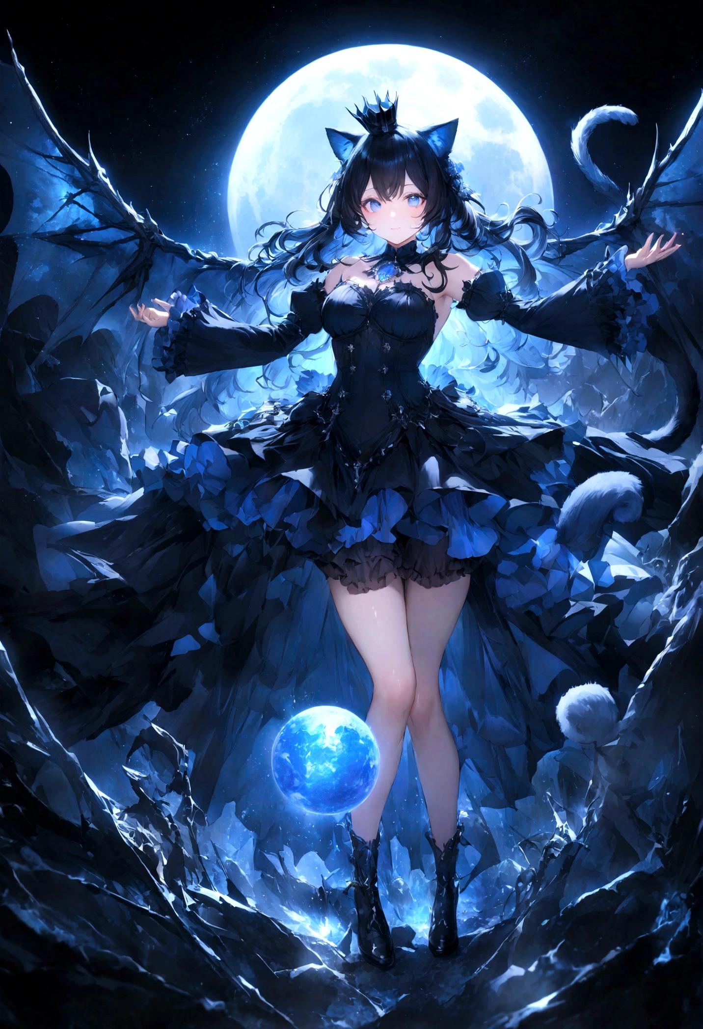 cute、Strong Girls、whole body、Black Hair、Black cat ears、Cat's Tail、Beautiful blue eyes、Black crown、Black and blue vampire wings、Glare、Rin々Funny face、beautiful、blue Moon、Lots of blue light、Fantasy,Lots of light、gem、magic、AmbiLight,The colors are vivid and bright,Black background,haze,Detailed depiction,Rich details,Explosion of imagination,Surreal,Ultra-realistic,masterpiece,8k,Light,Tyndall effect