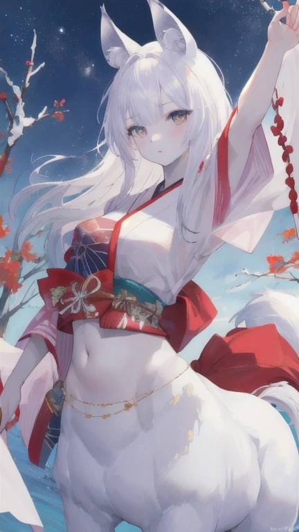 (best quality, masterpiece), 1 girl, centaur, It takes, White skin, Japanese  , exposing the abdomen,belly button t-shirt, beautiful girl perfect wolf photo, perfect wolf photo