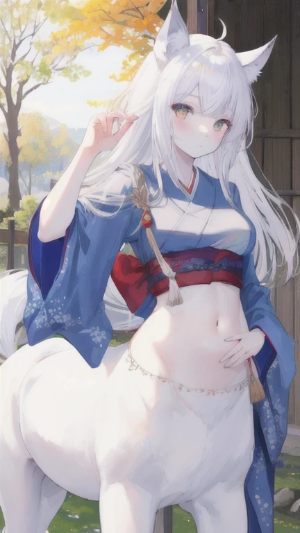 (best quality, masterpiece), 1 girl, centaur, It takes, White skin, Japanese  , exposing the abdomen,belly button t-shirt, beautiful girl perfect wolf photo, perfect wolf photo