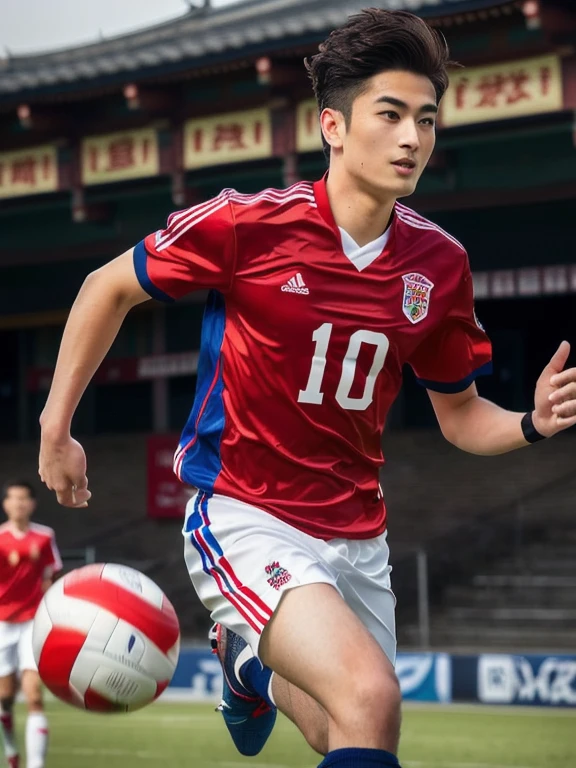 Araffe man in red and blue uniform running with soccer ball., Be the captain of the team, arafed man in a standing in front of a pagoda, light stubble with wearing a volleyball shirt, expensive silk, Thai male anime, Profile picture, Handsome Chad Chin, Asian people, Headshot profile picture, Alex Miranda, wearing red dress, Charming and good looking, Headshot, 3-D image, realistically, 16 k photos, Shot with a high quality camera, Fuji frame Fuji frame 45.,000,000 pixels, realisticallyเหมือนจริง, color picture, high quality vertical, outdoor football stadium, fan art, Soft portrait 8 k, beautiful beautiful face, Portrait, beautiful and detailed Delicate, beautiful face, vertical color photo random valentine, Portrait of a handsome Asian man,Inspired by Christen Dalsgaard