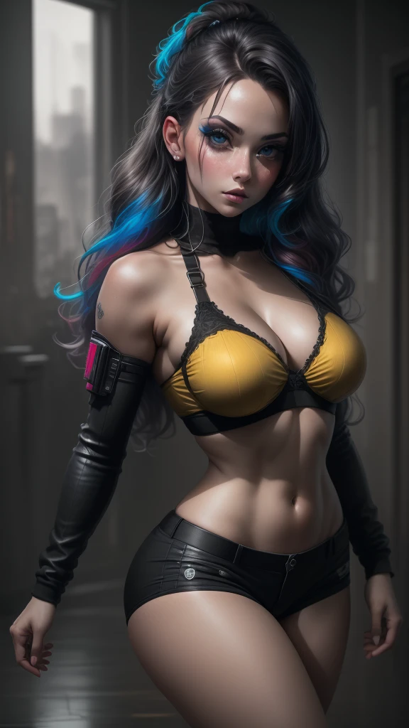 motor ilusorio:1.4,CG K ultrarrealista,Fotorrealista:1.4,Textura de la piel:1.4,obra maestra:1.4,Beautiful woman in doll's underwear、Cyberpunk style yellow shorts,Medias rojas,minifalda azul,erotic lace，tetas grandes， labios grandes y jugosos， muslos gruesos y jugosos