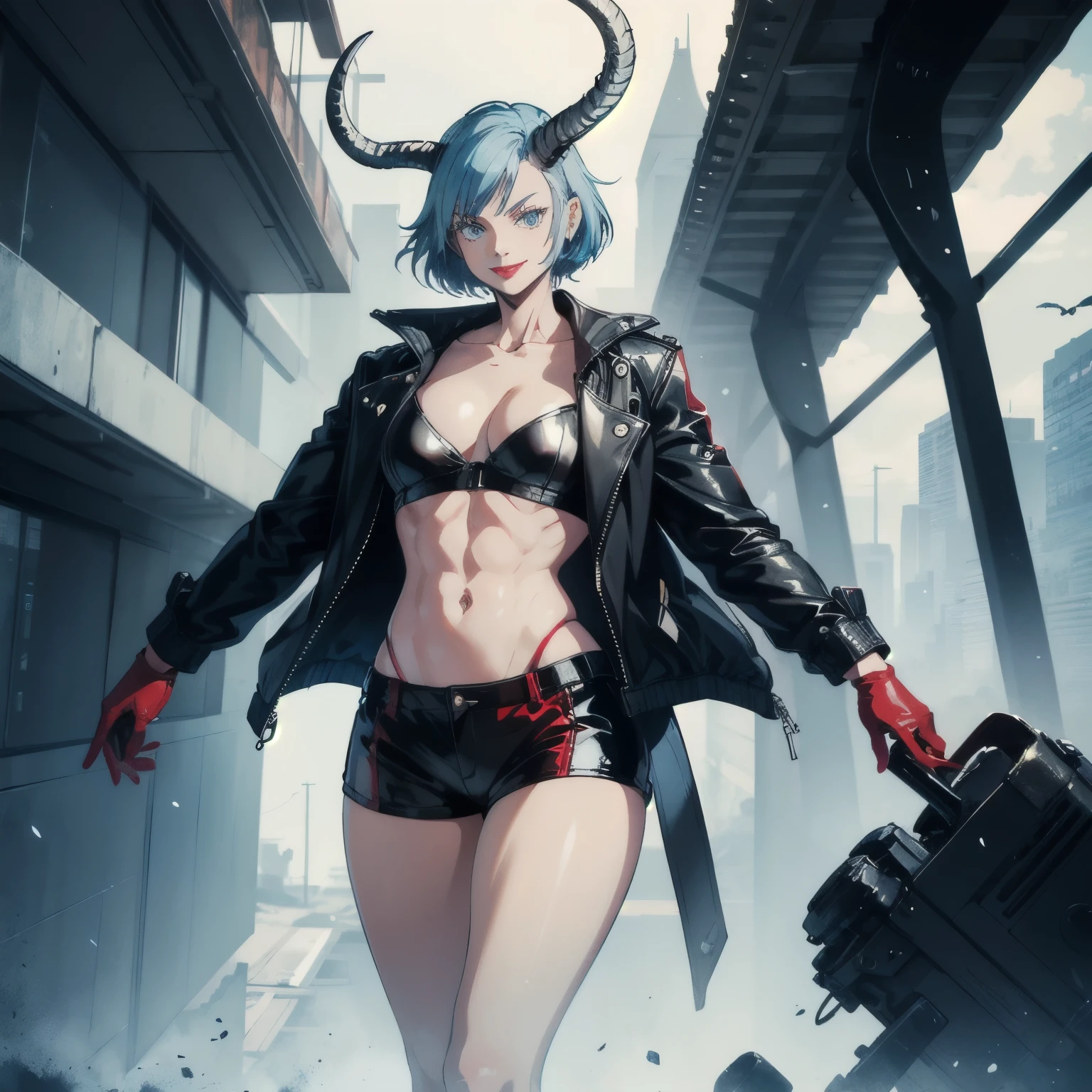 Adult woman, short blue hair, sinister smile, small red clothings, using a long and heavy black jacket, red lipstick, using a spiked neck colar, muscular body, white leather gloves. With massive long horns, in a post apocalitic world