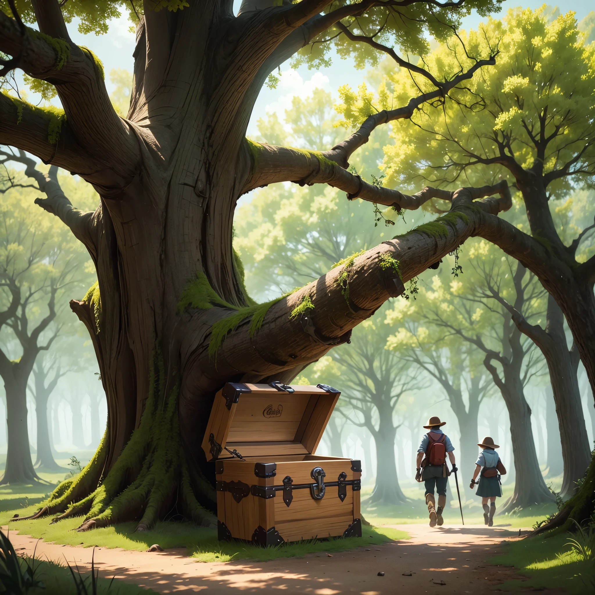 After a thrilling adventure, they reach the end of the trail and unearth a treasure chest beneath a mighty oak tree.