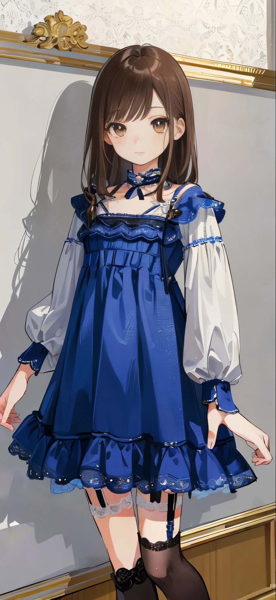 ((masterpiece)), ((best quality)), ((ultra detailed)), ((kawaii)), cute, (lovely), ((extremely detailed)), ((8K)), (beautiful), full body, luxury room, a cute girl, 1girl, solo, blue mini camisole dress,beautiful light brown hair, ((detailed beautiful brown eyes)), white-skinned, flat breast, tiny breast, garter belt,garter stoking,full body