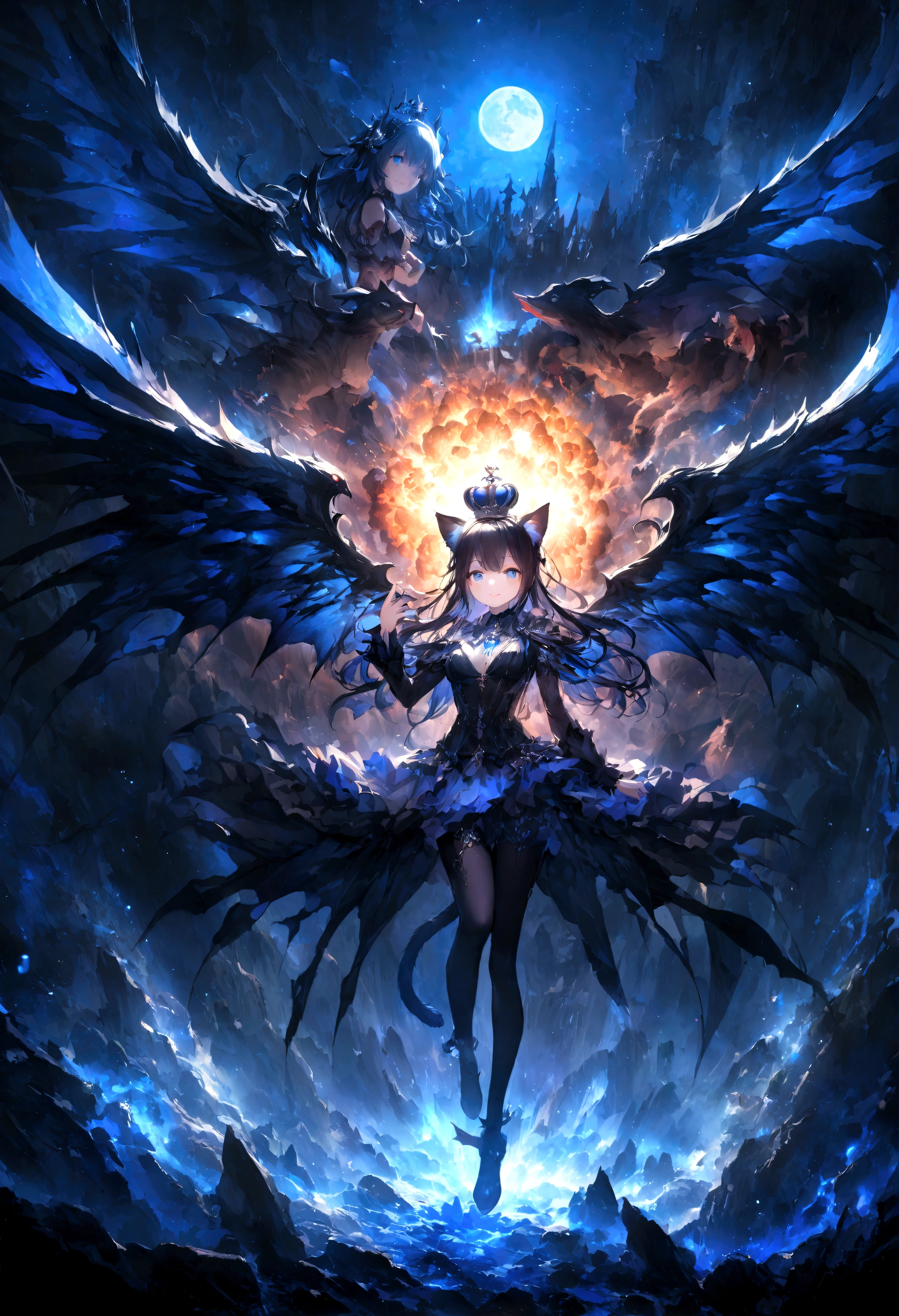 cute、Strong Girls、whole body、Black Hair、Black cat ears、Cat&#39;s Tail、Beautiful blue eyes、Black crown、Black and blue vampire wings、Glare、Rin々Funny face、beautiful、blue Moon、Lots of blue light、Fantasy，Lots of light、gem、magic、AmbiLight，The colors are vivid and bright，Black background，haze，Detailed depiction，Rich details，Explosion of imagination，Surreal，Ultra-realistic，masterpiece，8k，Light，Tyndall effect