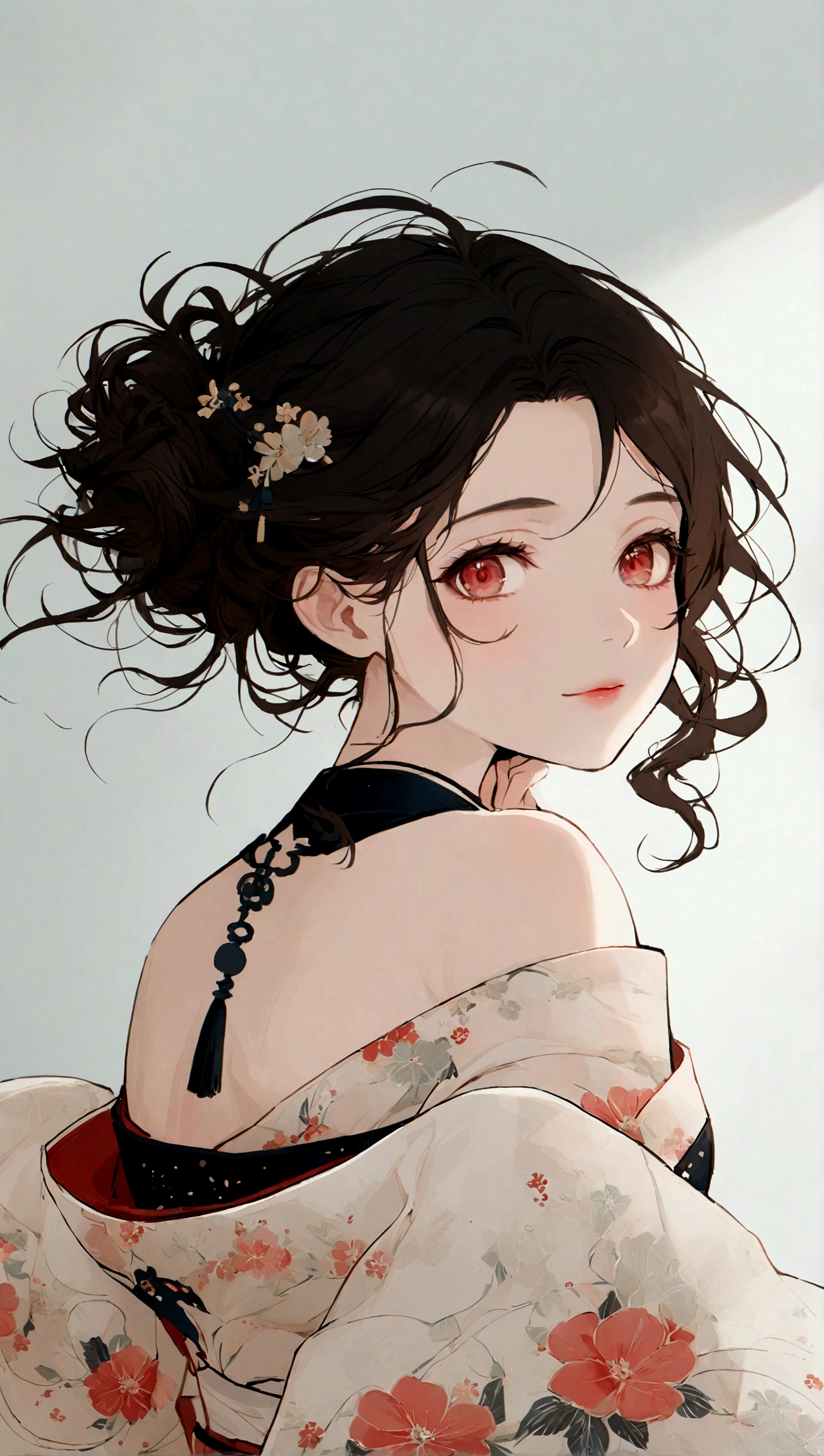 A close-up, evocative portrait of a woman's face wearing a traditional yukata, bathed in the soft glow of a summer night festival. The scene is inspired by traditional Japanese art, with delicate brushstrokes and a focus on light and shadow. Her expression is a blend of joy and tranquility, reflecting the beauty of the moment. The yukata is a soft, muted blue with subtle floral patterns, and her hair is adorned with simple, elegant accessories. The background is a gentle blur of soft colors, creating a sense of serenity. Soft focus, dreamy, ethereal, artistic. front view,looking at the viewer